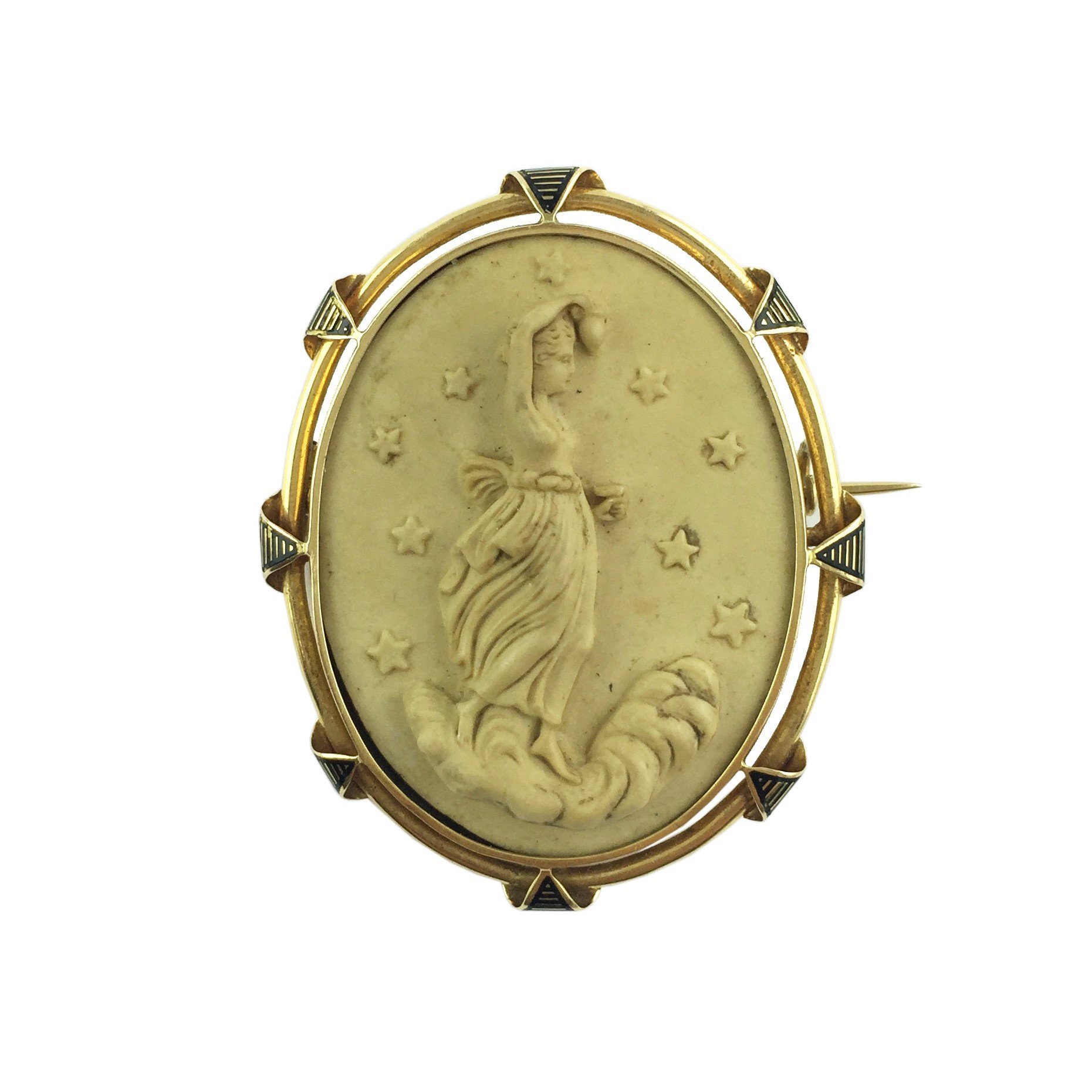 Prendedor art decó oro 18 K, esmalte y camafeo