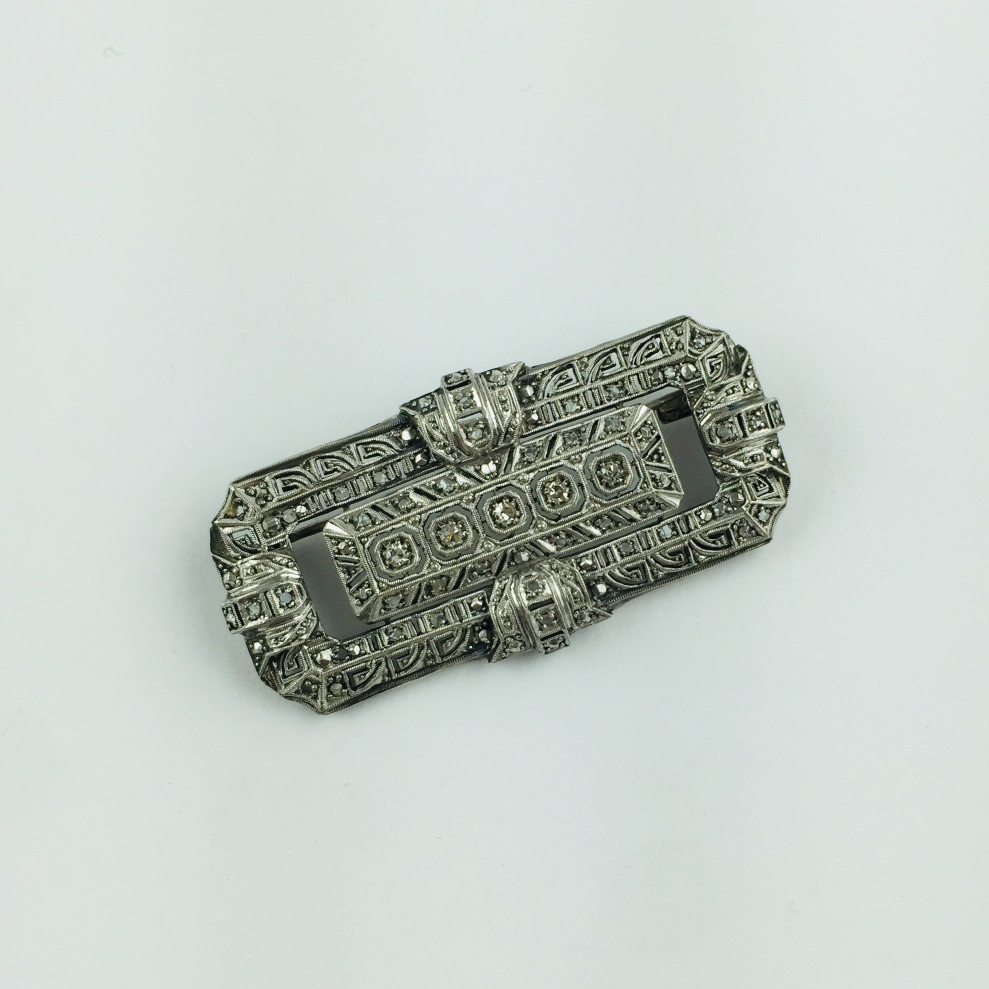 Plaqueta art decó plata, brillantes y diamantes