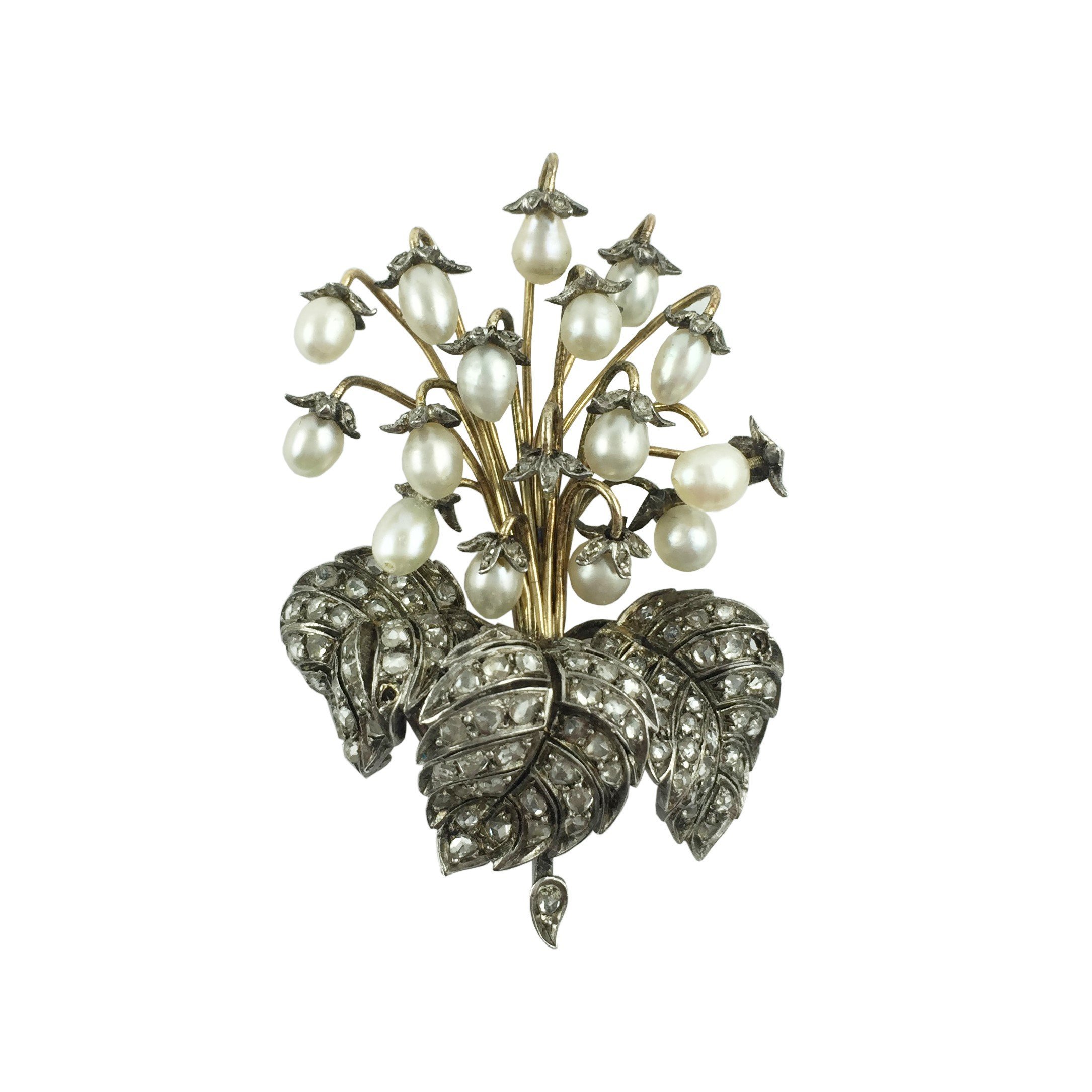 Prendedor oro, perlas y diamantes