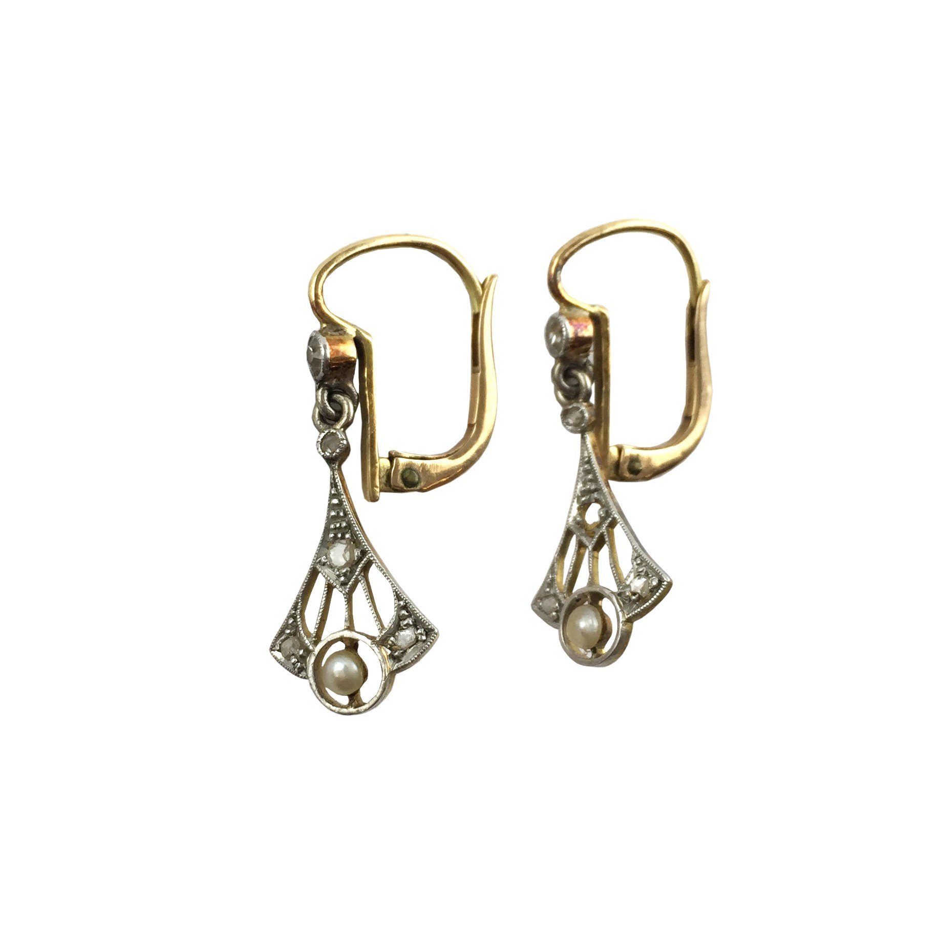 Par de caravanas art nouveau oro, perlas y diamantes