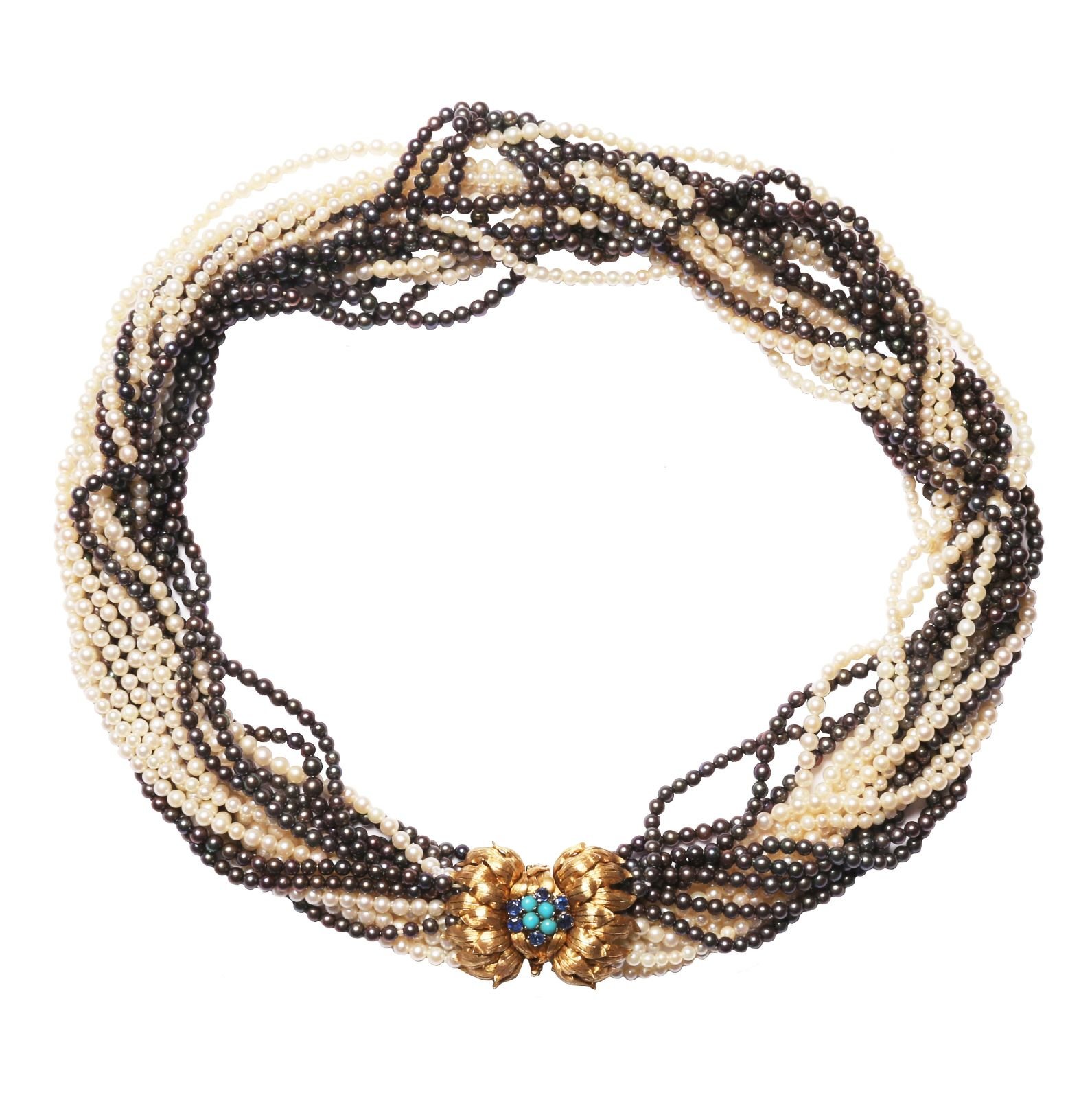 Collar y pulsera perlas, oro 18 K, turquesas y turmalinas