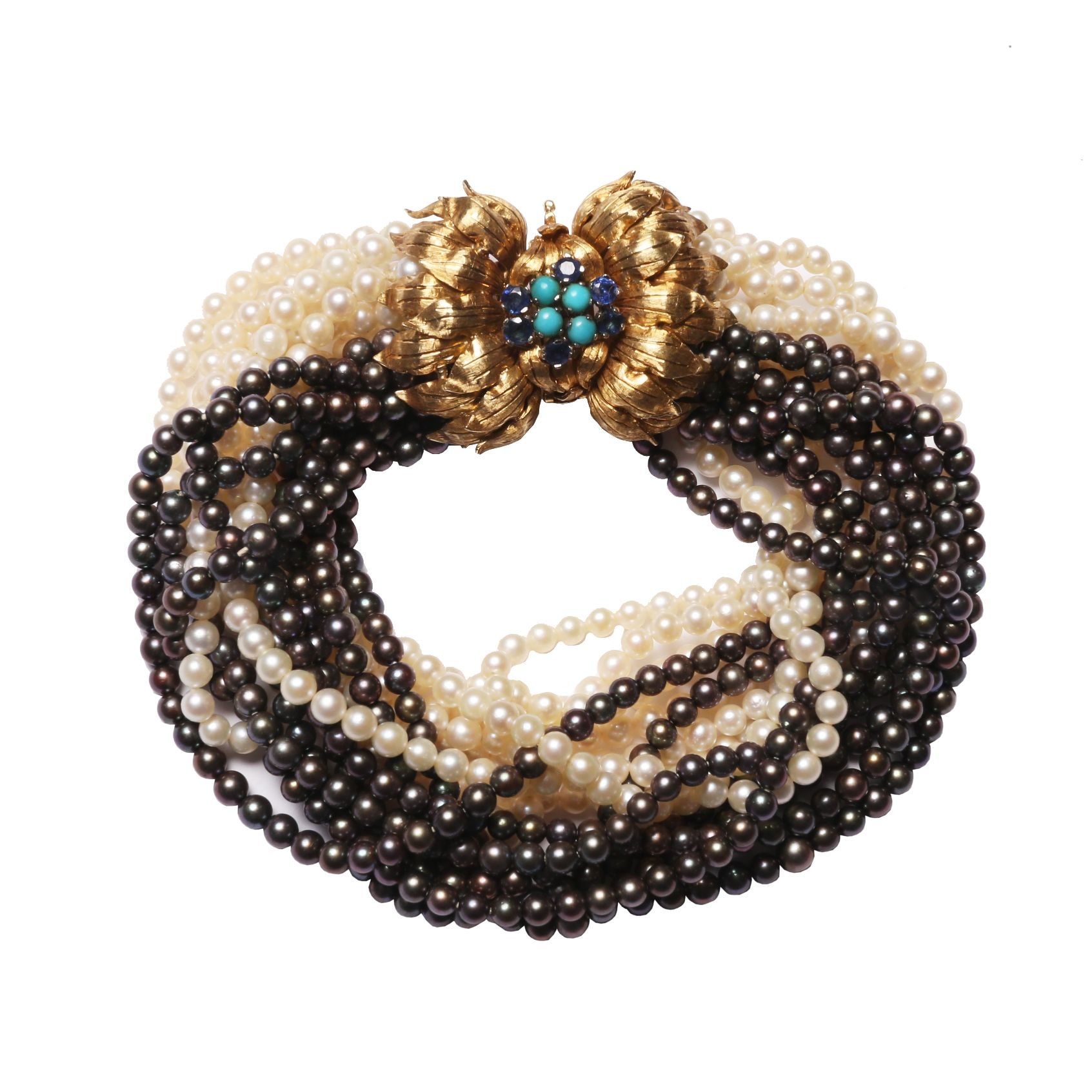 Collar y pulsera perlas, oro 18 K, turquesas y turmalinas - Imagen 2