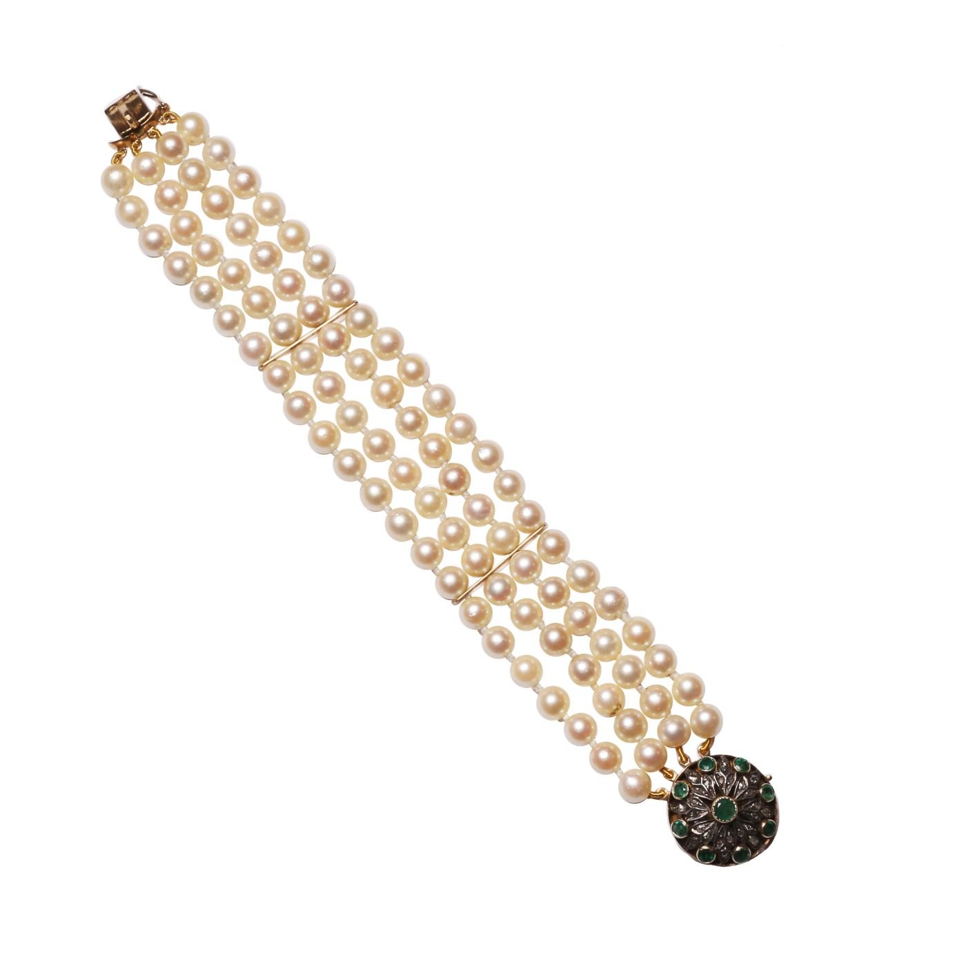Pulsera perlas, oro 18 K, plata, esmeraldas y zafiros