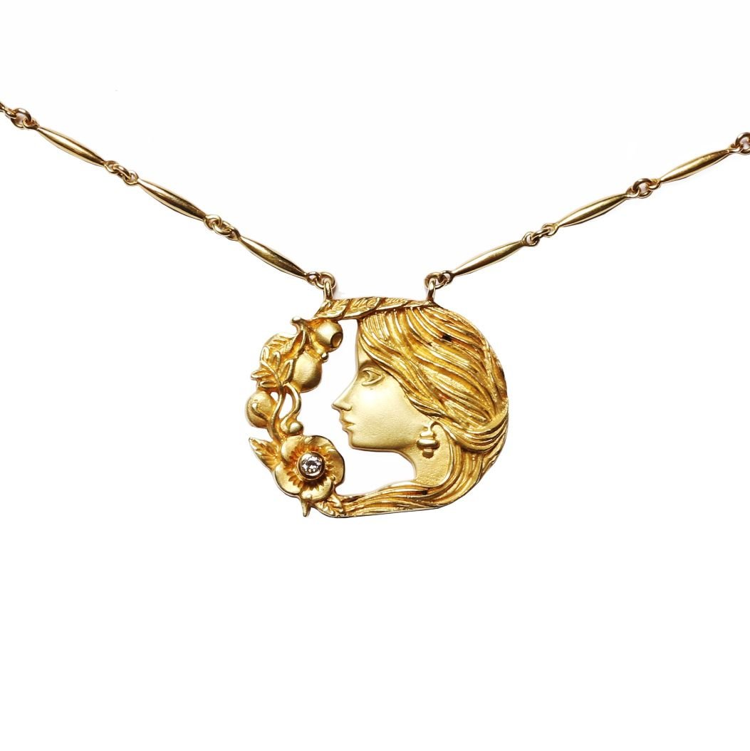 Colgante art nouveau oro 18 K y brillante