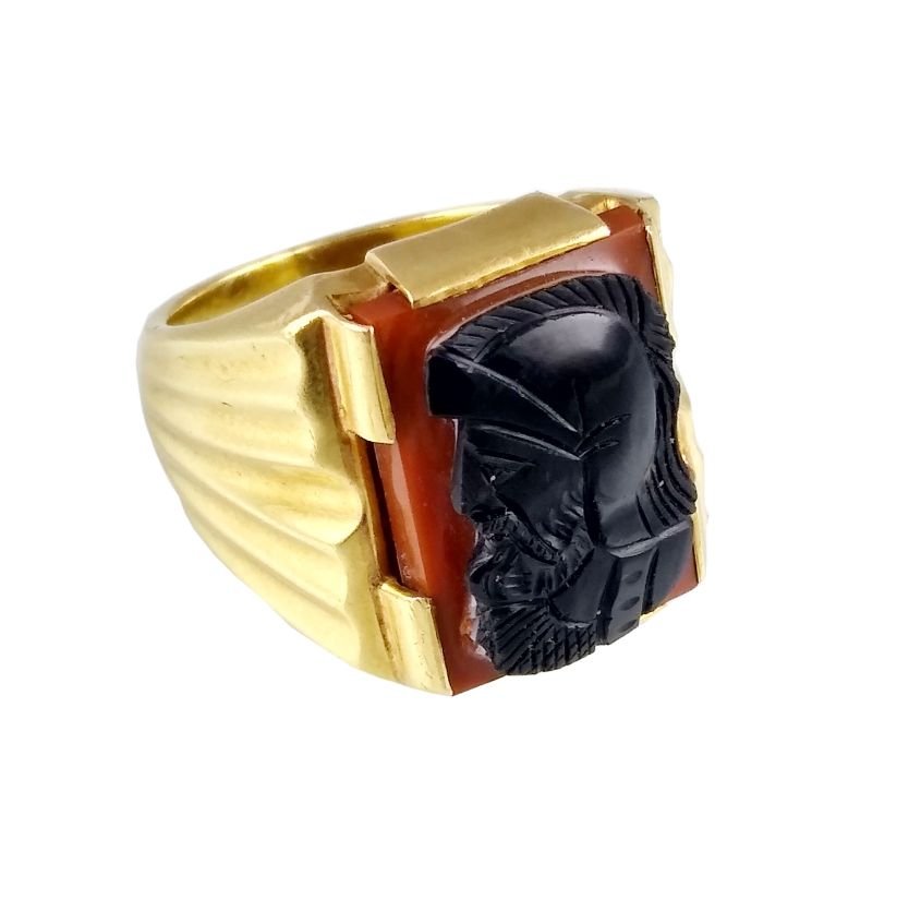 Anillo oro 18 K, ónix y ágata