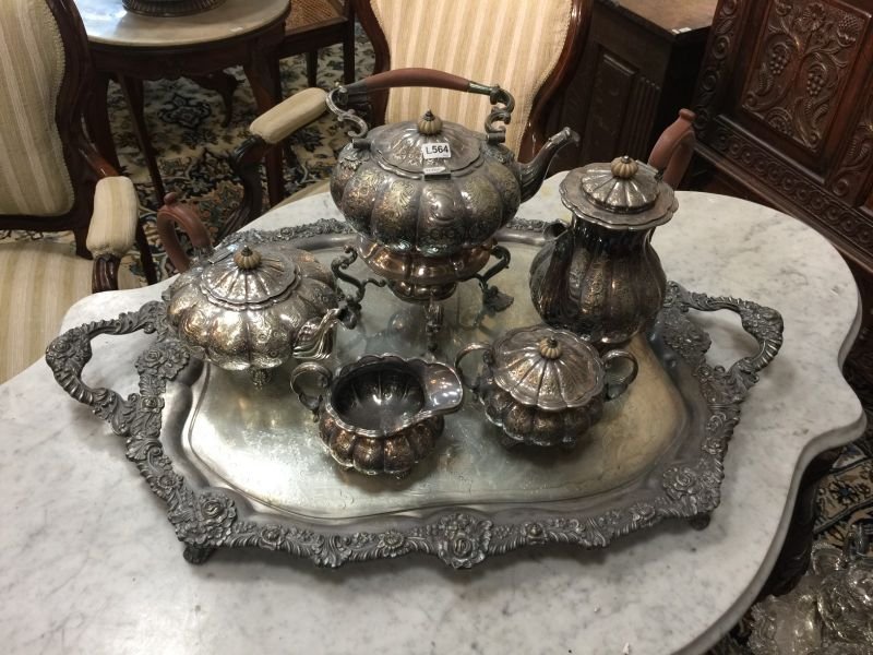 Juego inglés para servir té y café en metal plateado