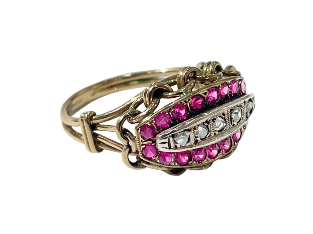 Anillo oro 18 K, diamantes y rubíes
