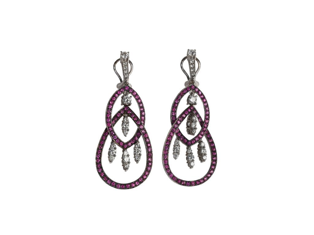 Caravanas oro 18 K, brillantes y rubíes