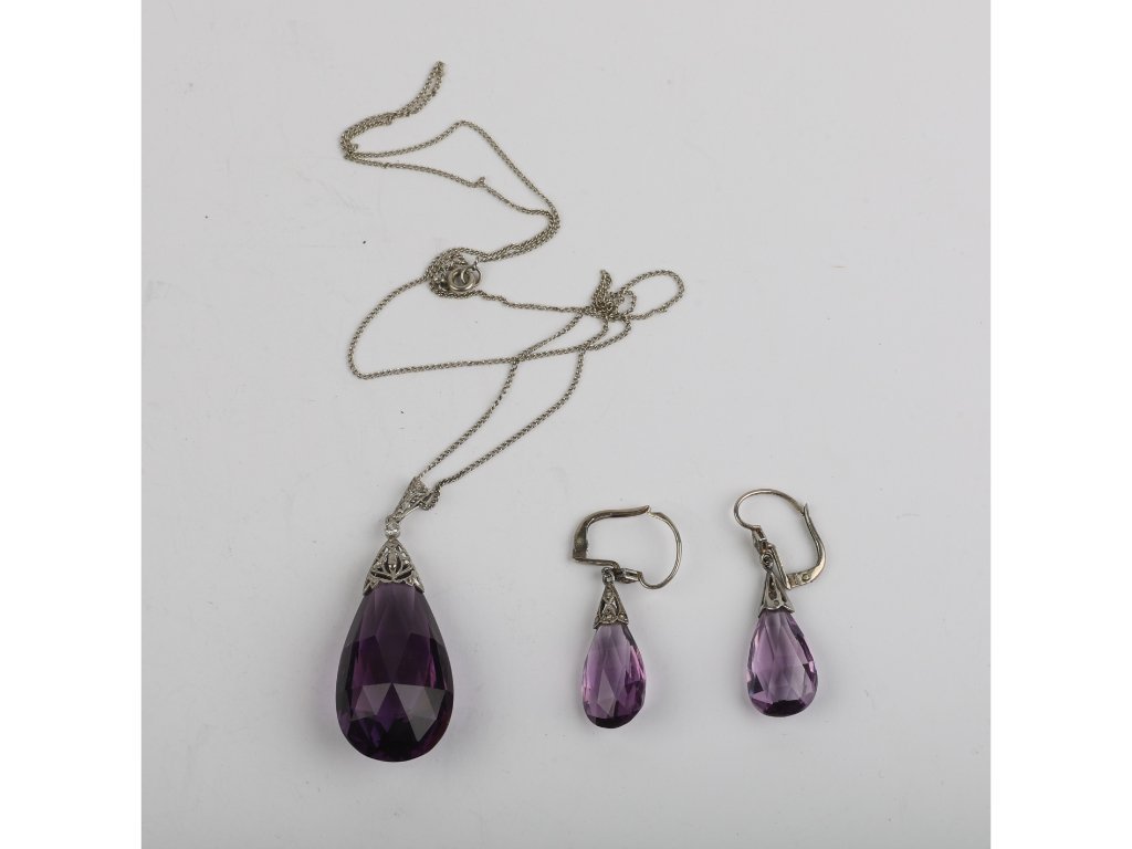 Set art decó oro 18 K blanco, brillante y amatista