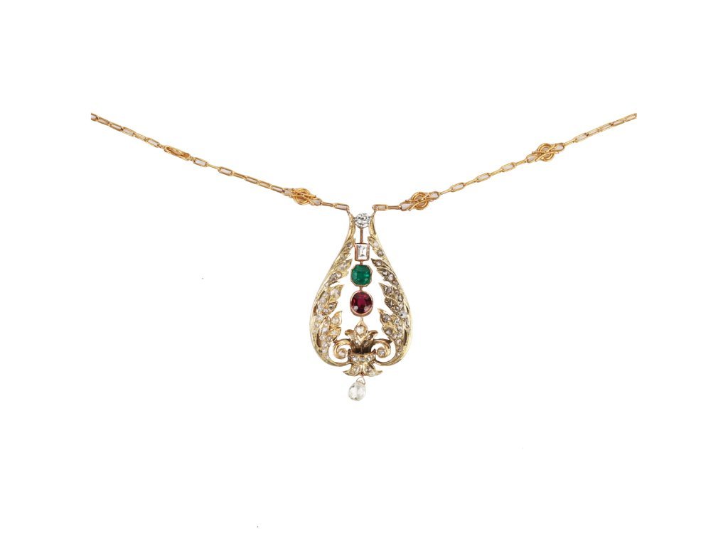 Colgante oro 18 K, brillante, diamante, esmeralda y granate.