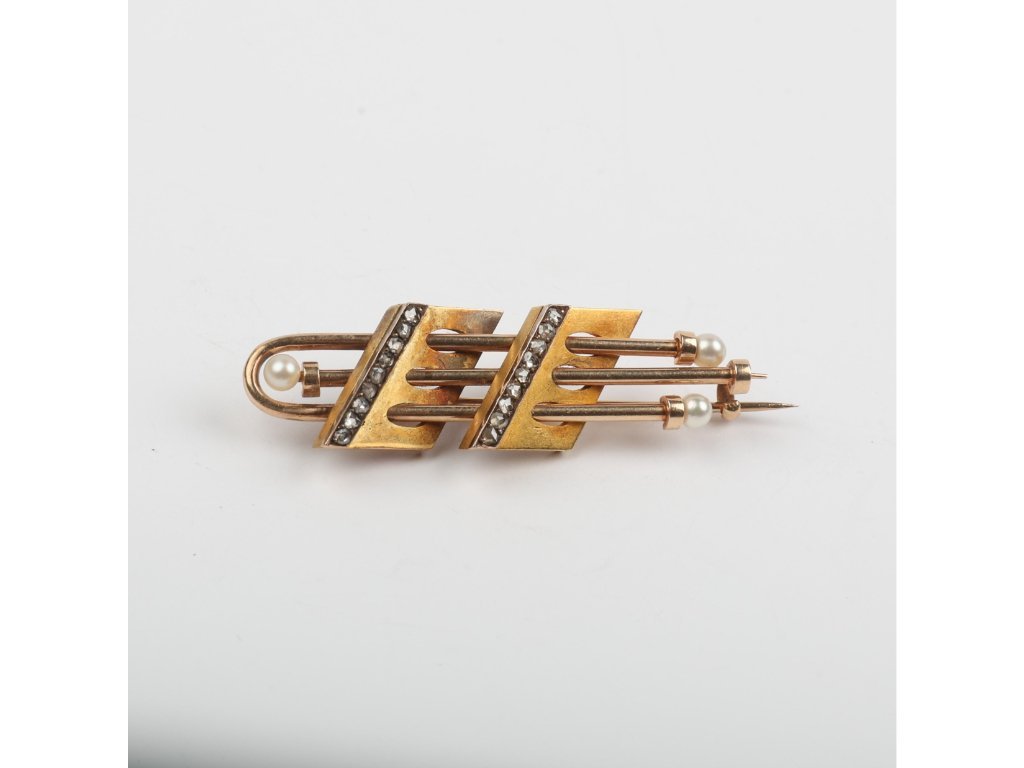 Prendedor art decó oro, perlas y diamantes