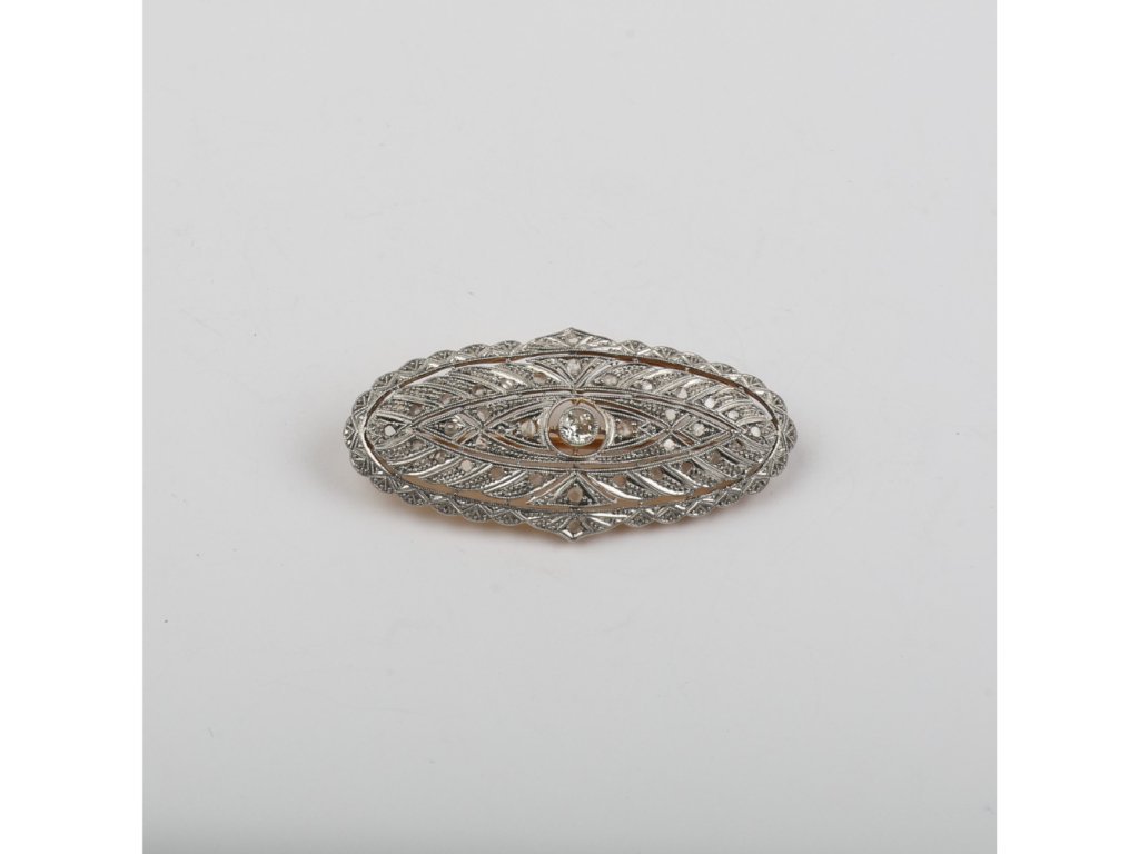 Prendedor art decó oro 18 K, brillante y diamantes