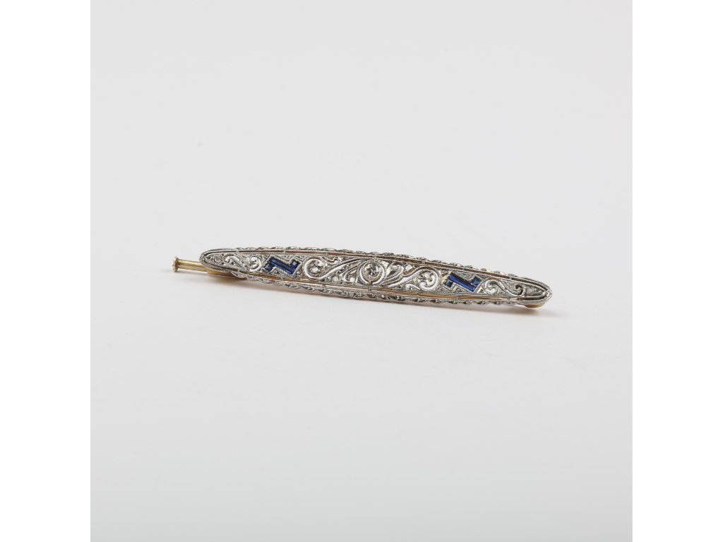 Prendedor art decó oro 18 K, zafiros, brillante y diamantes