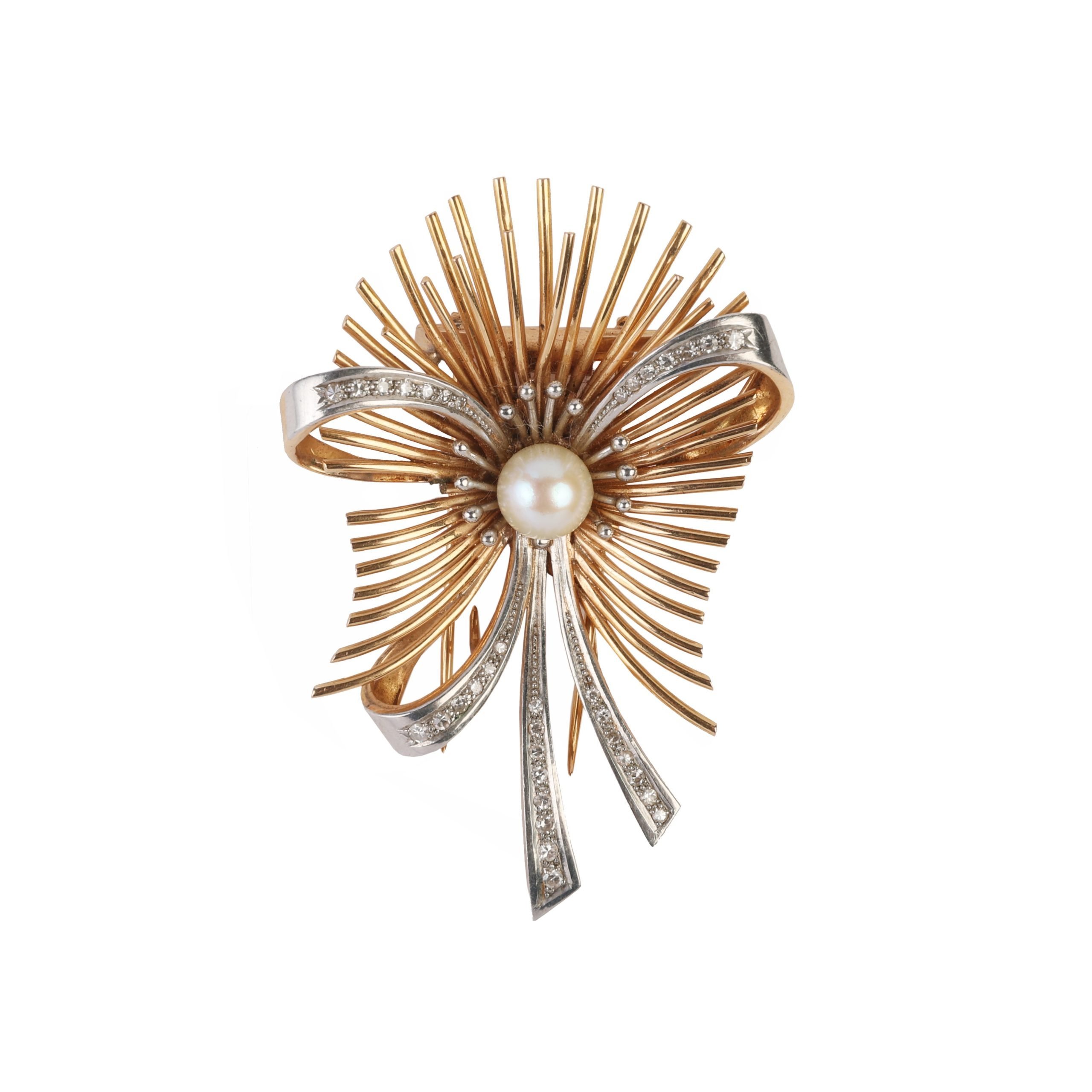Prendedor oro 18 L, perla y brillantes