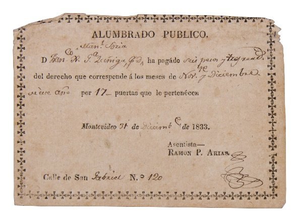 Recibos de pago de Alumbrado Público. Montevideo. 1833 y 1835.