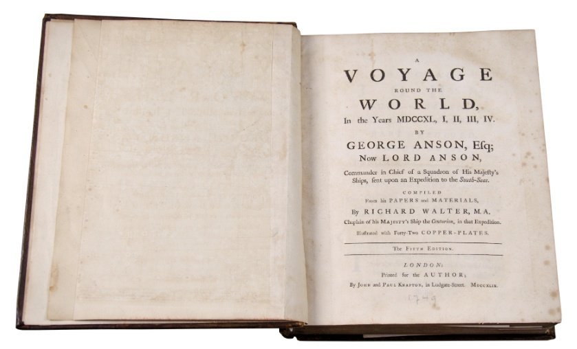 ANSON, GEORGE. “A voyage round the world in the years MDCCXL, I,II, III, IV (1740 - 1744) by George Anson, Esq; Now Lord Anson, Commander in Chief of a Squadron of His Majesty's Ships, fent upon an Expedition to the South-Seas”. Londres, 1749.