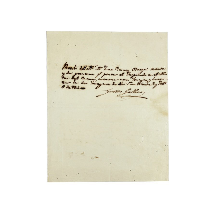 GALLINO, GAETANO. “Recibo por el pago de una pintura”. Montevideo, 1834.