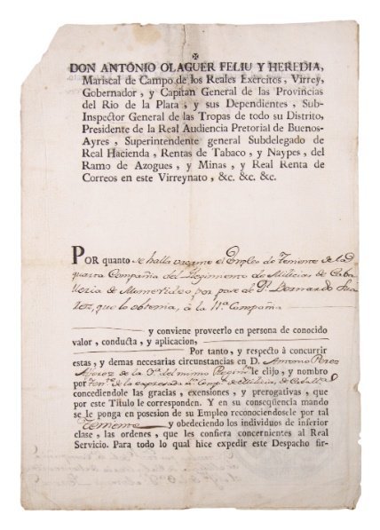 OLAGUER FELIU Y HEREDIA, ANTONIO. Nombramiento firmado por el virrey del Río de la Plata.