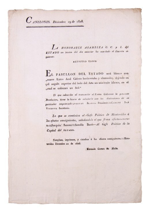 SUÁREZ, JOAQUÍN -  BUSÓ, ANTOLÍN. “Creación de la Bandera Nacional. Canelones. Uruguay. Diciembre 19 de 1828.” Montevideo, 1828.