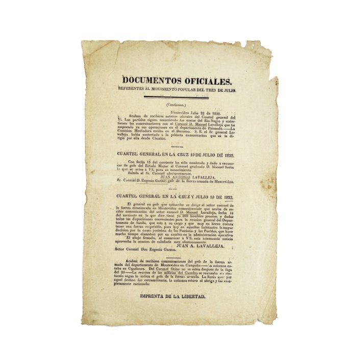 “Documentos Oficiales. Referentes al Movimiento del Tres de Julio”. Montevideo, 1832.