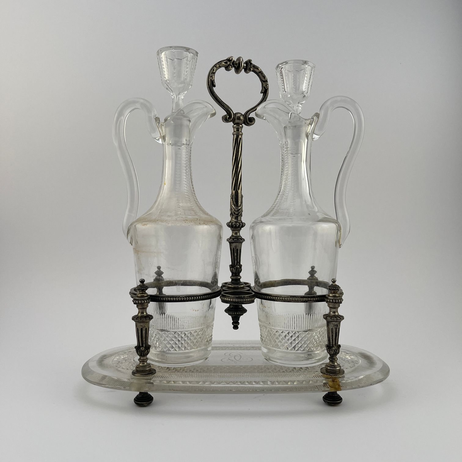 Juego de aceitera y vinagrera en metal plateado y cristal