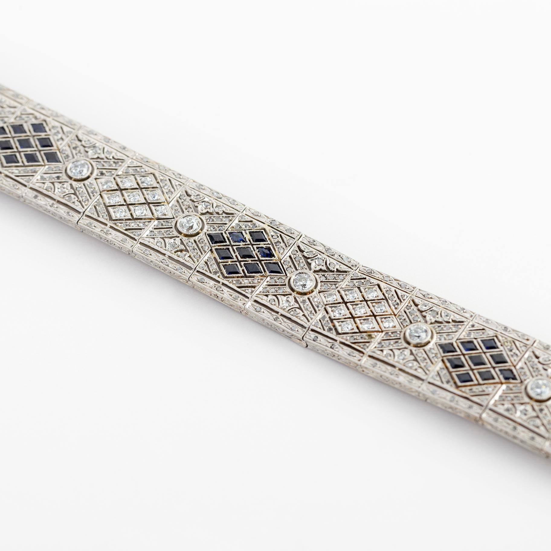 Pulsera art decó platino, diamantes, brillantes y zafiros - Imagen 2