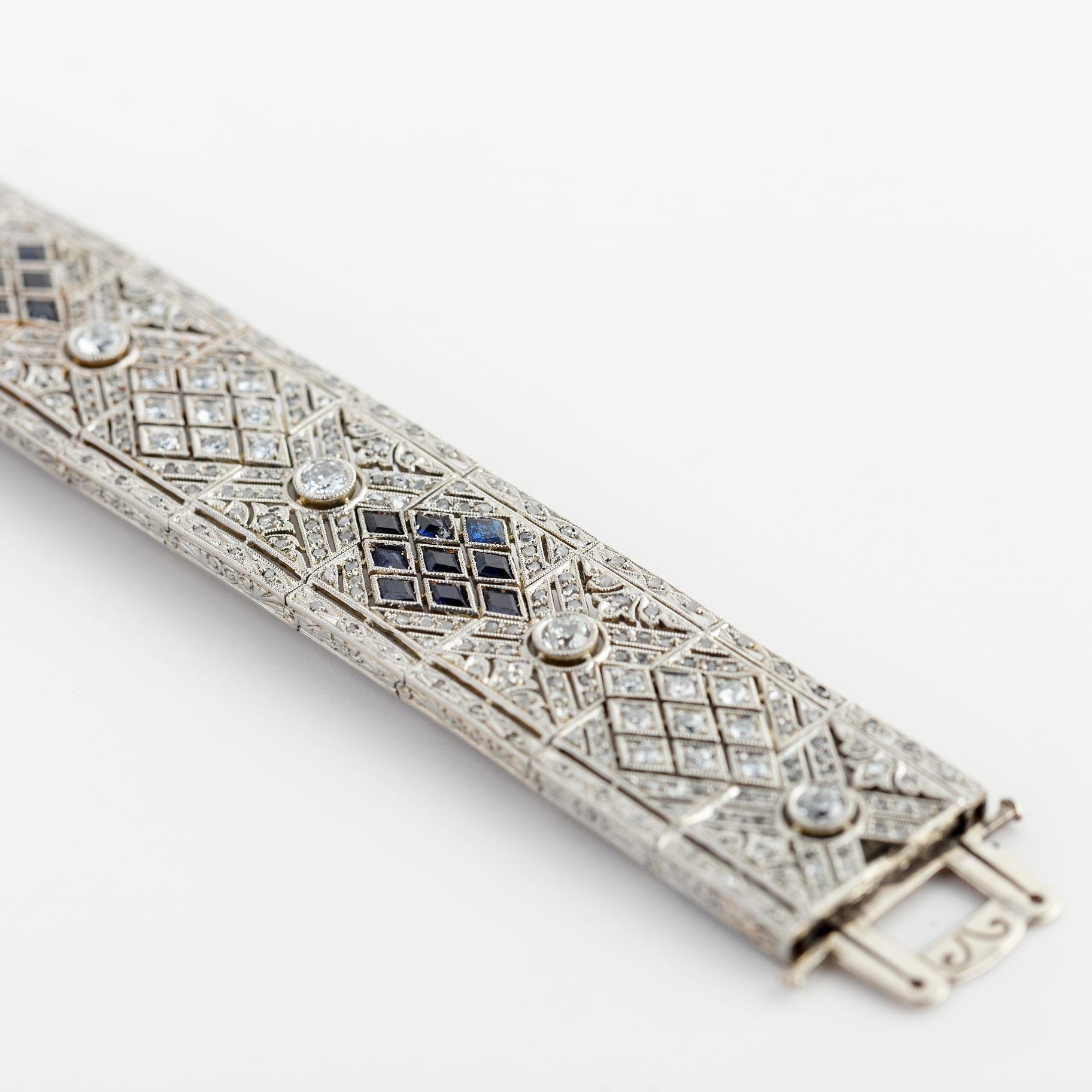 Pulsera art decó platino, diamantes, brillantes y zafiros - Imagen 3