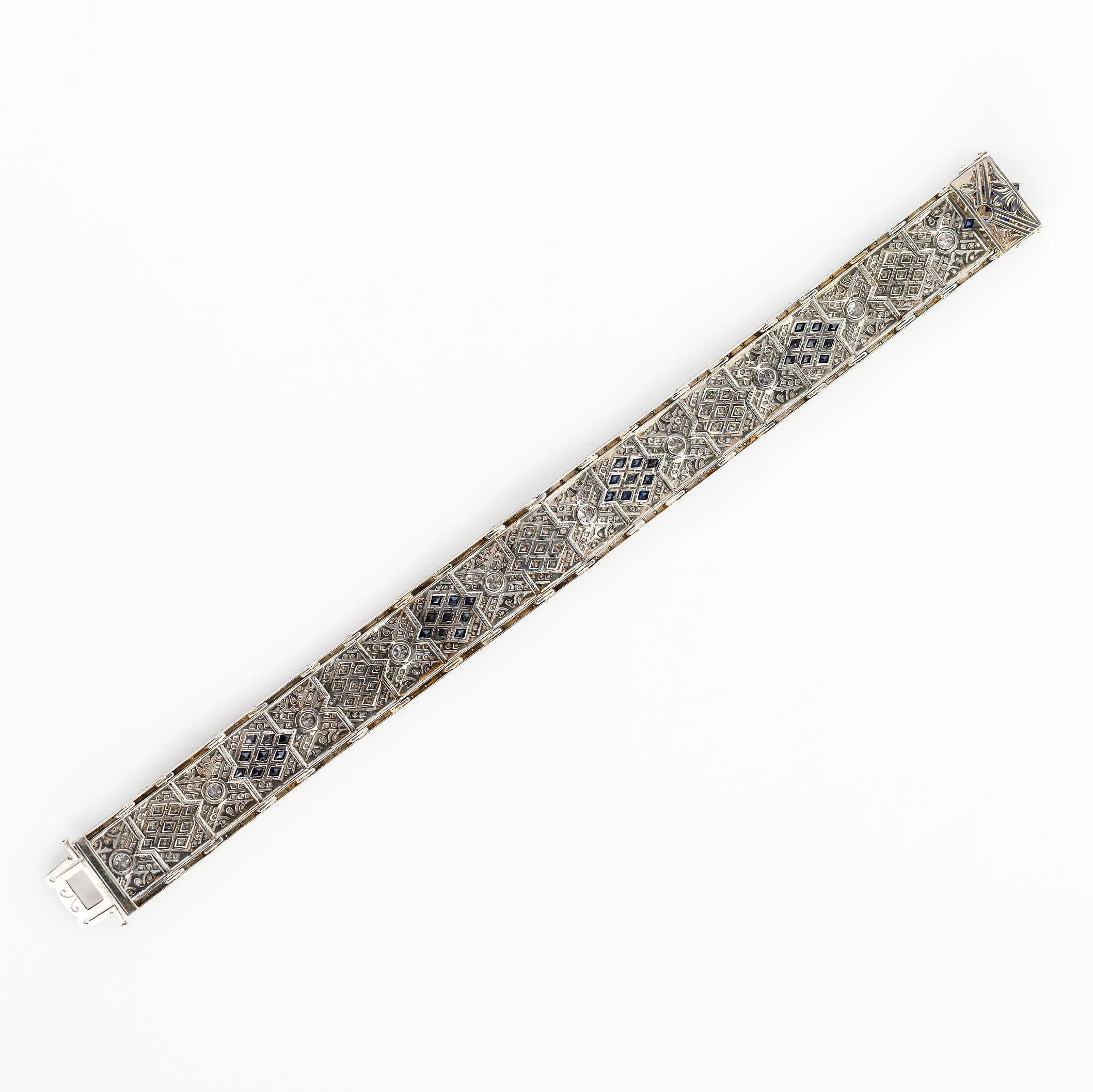 Pulsera art decó platino, diamantes, brillantes y zafiros - Imagen 4