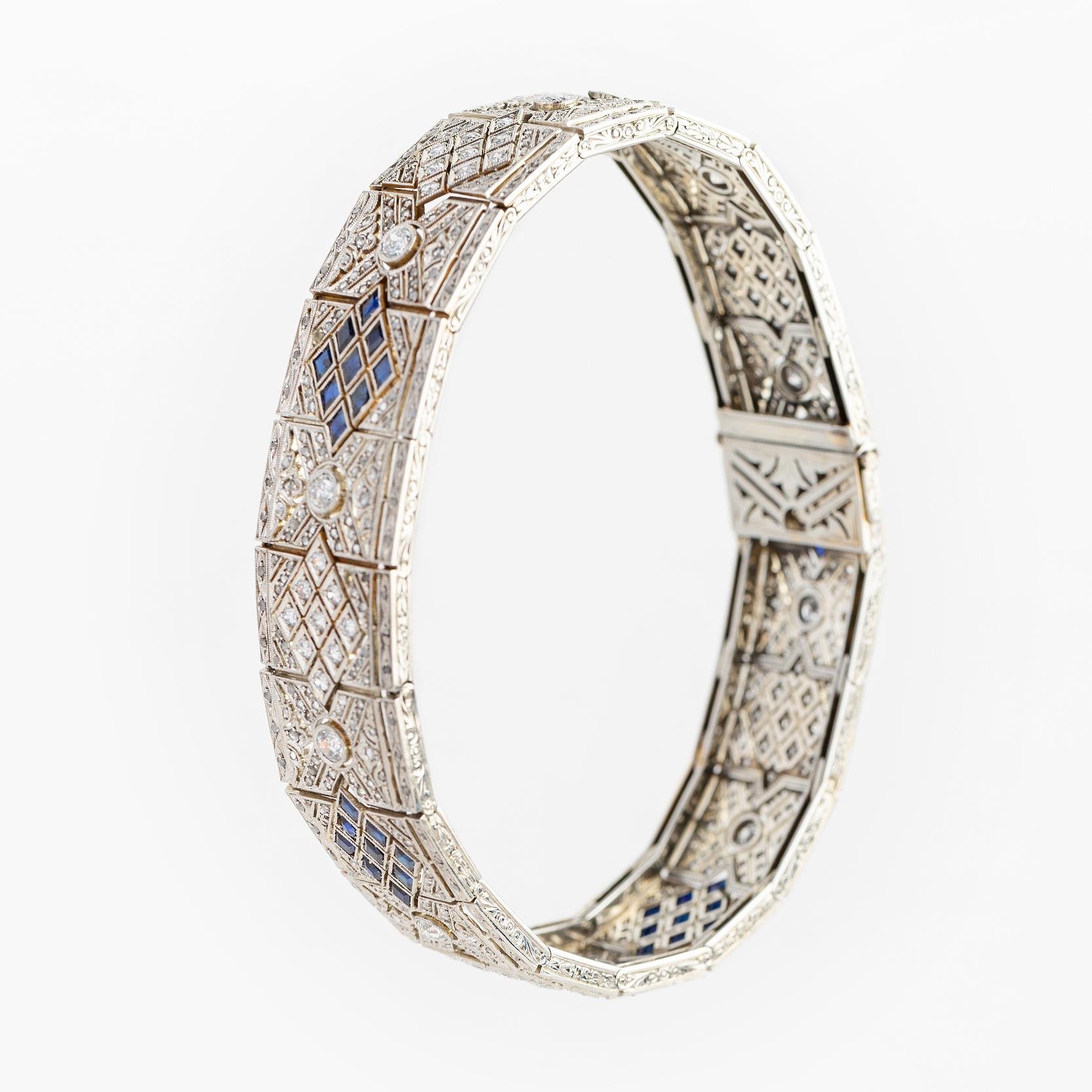 Pulsera art decó platino, diamantes, brillantes y zafiros - Imagen 6