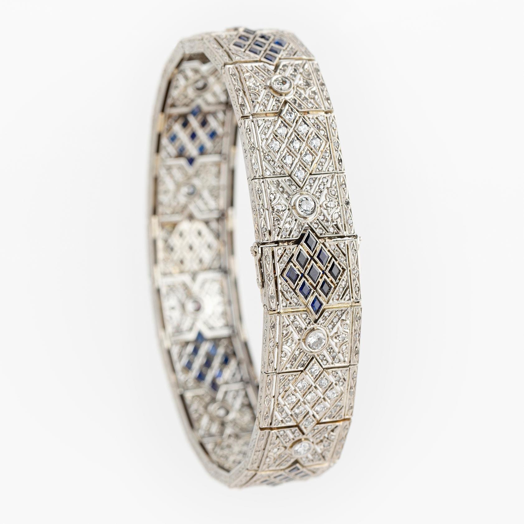 Pulsera art decó platino, diamantes, brillantes y zafiros - Imagen 7
