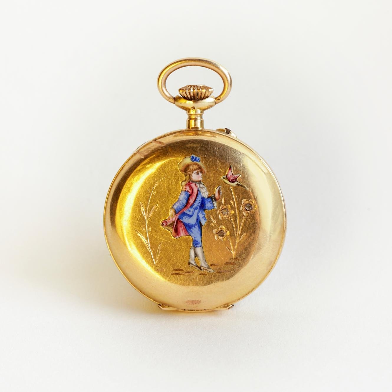 Reloj de bolsillo châtelaine oro 18 K, esmalte y diamantes