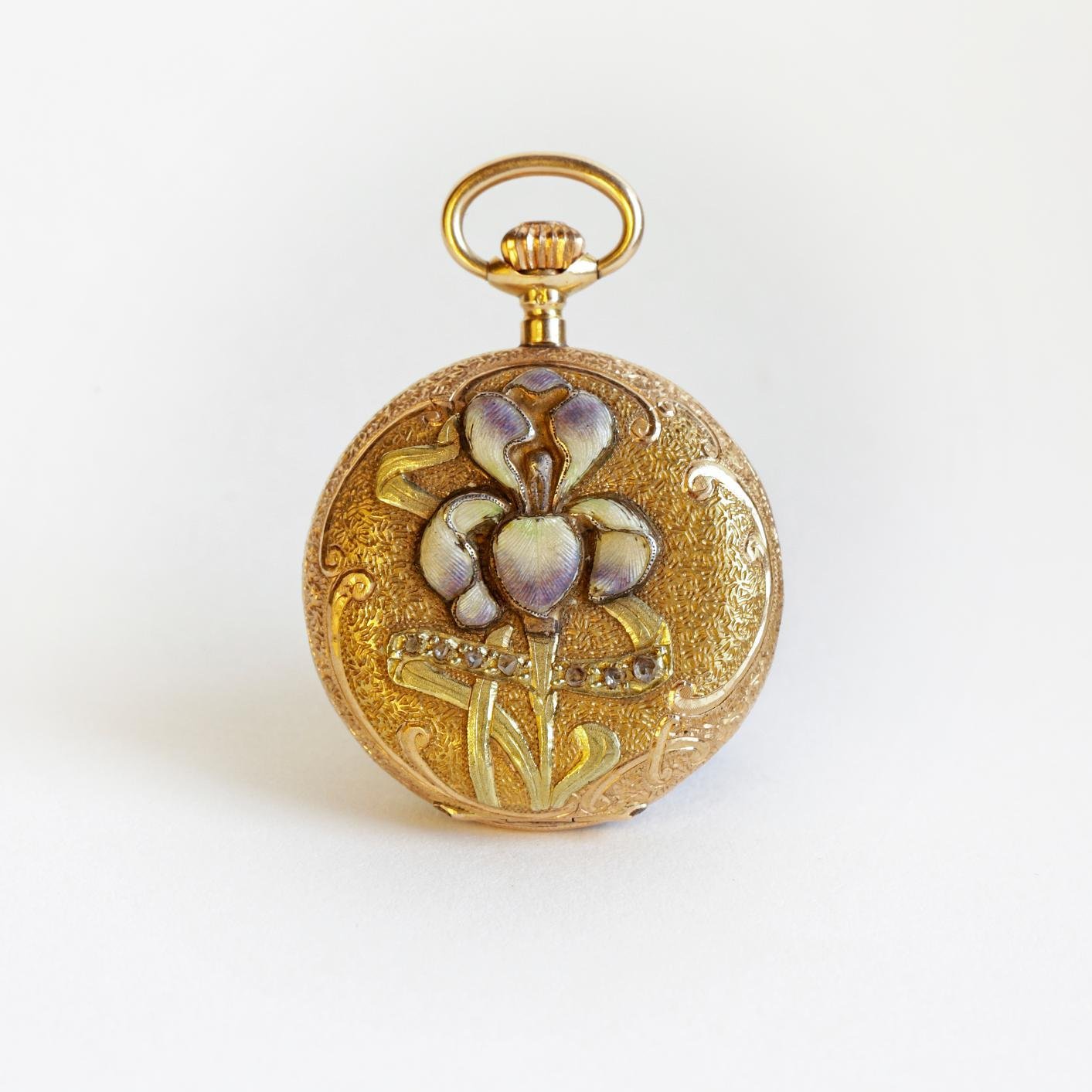 Reloj de bolsillo châtelaine oro 18 K, esmalte y diamantes