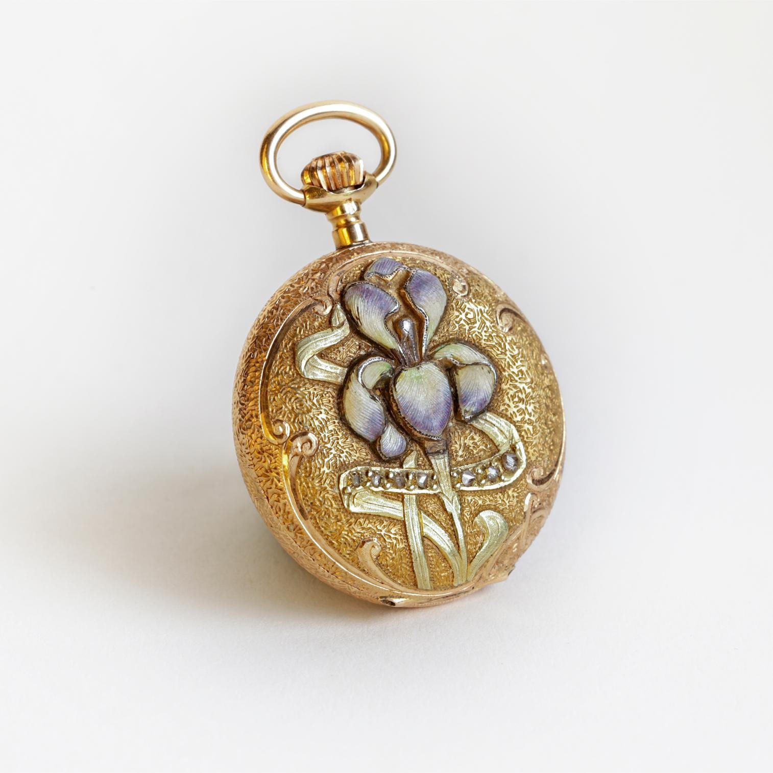 Reloj de bolsillo châtelaine oro 18 K, esmalte y diamantes - Imagen 2