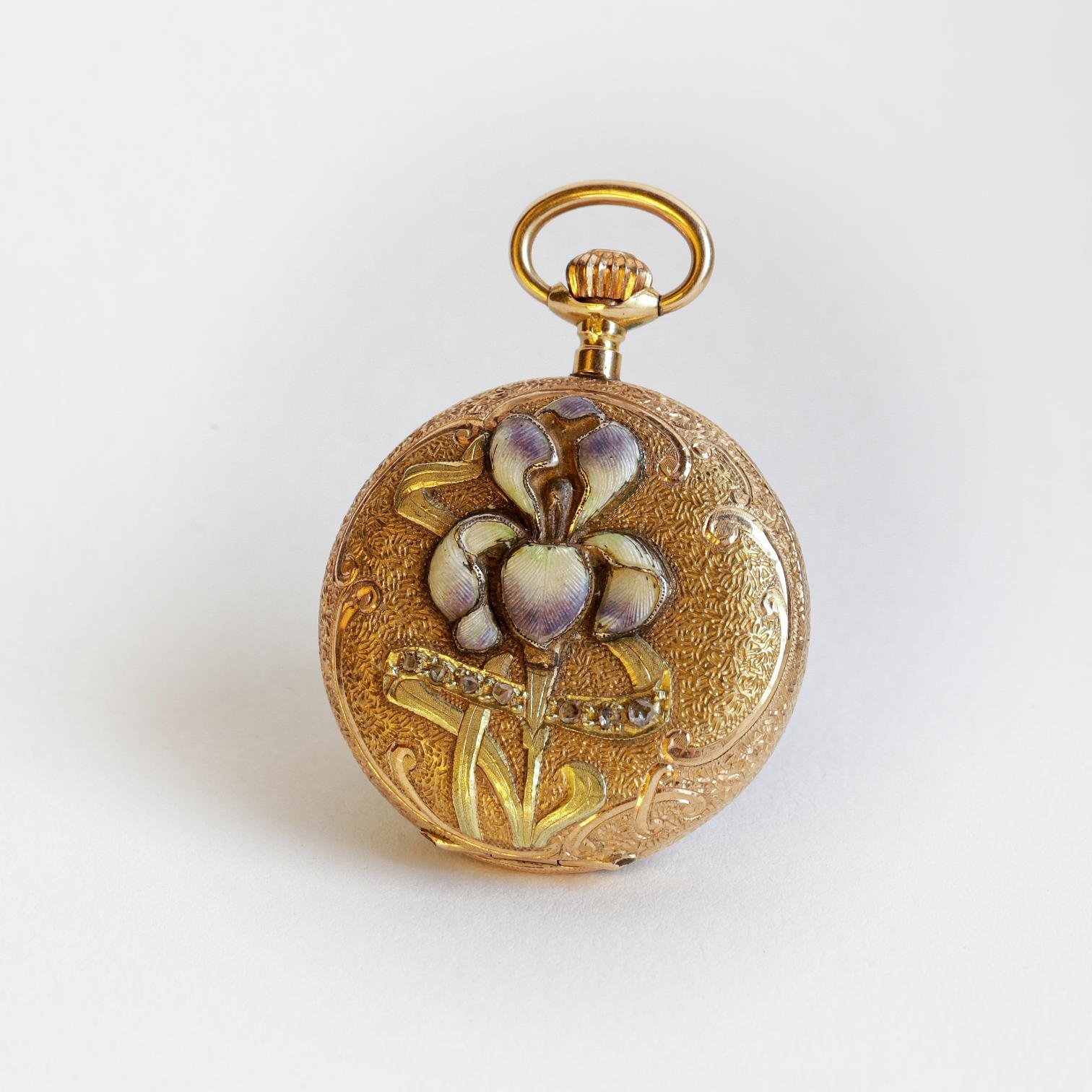 Reloj de bolsillo châtelaine oro 18 K, esmalte y diamantes - Imagen 3