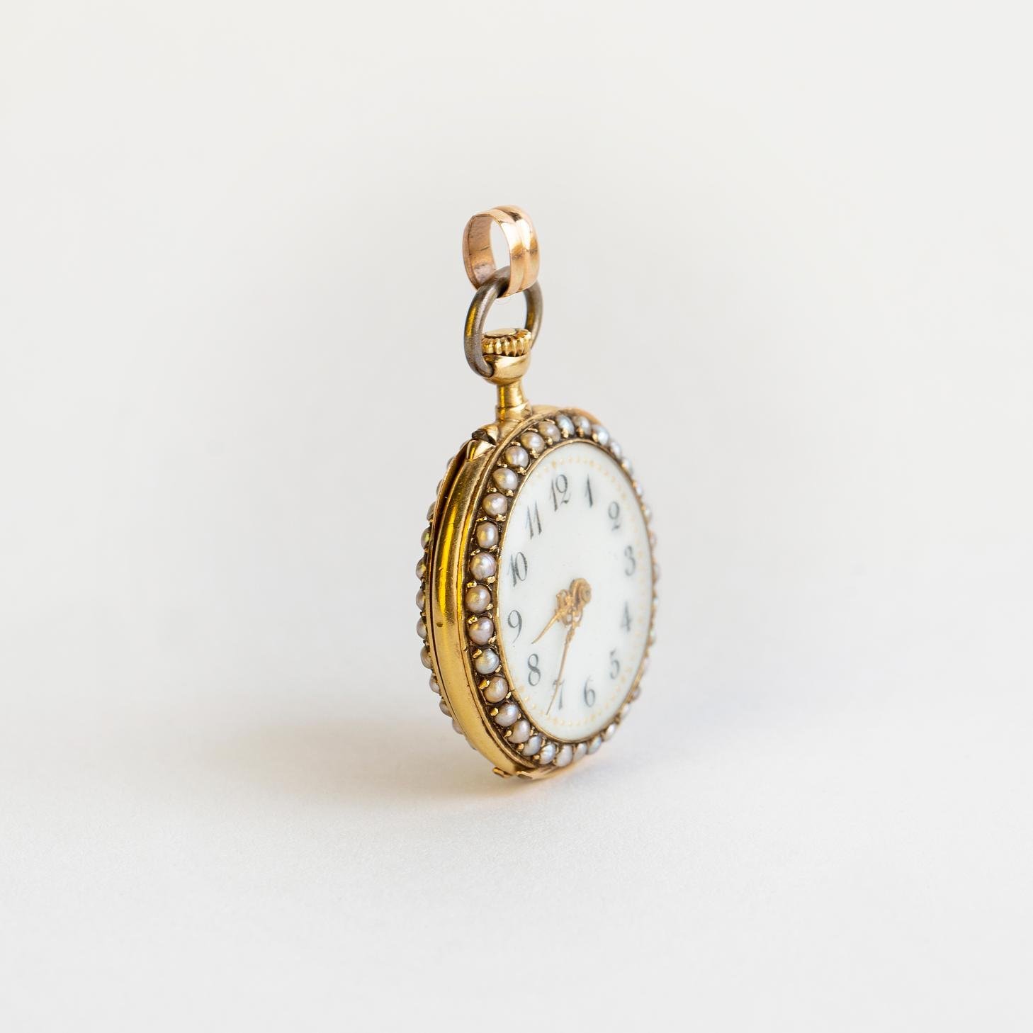 Reloj châtelaine de bolsillo oro 18 K, esmalte y diamantes - Imagen 3