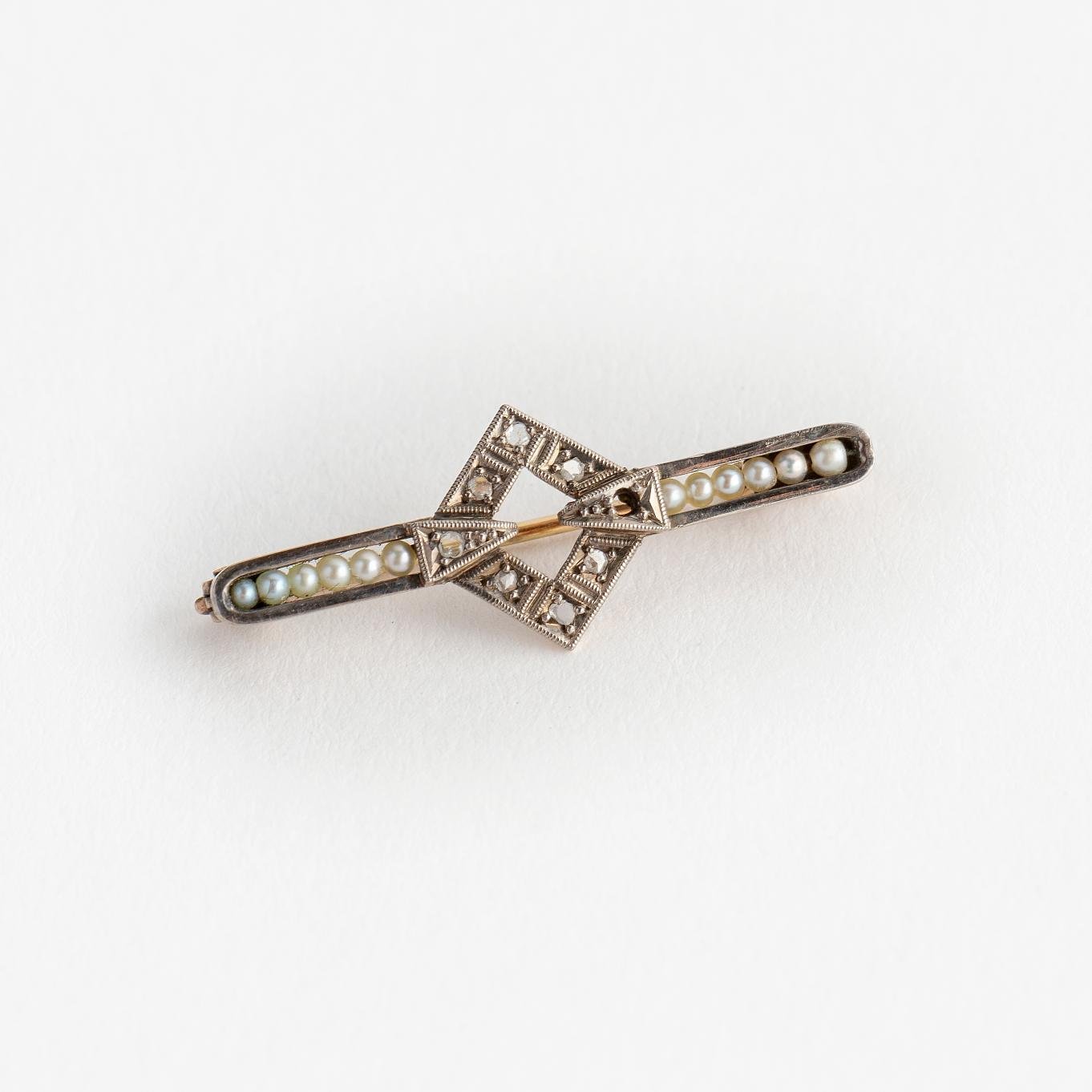 Prendedor art decó en oro, perlas y diamantes