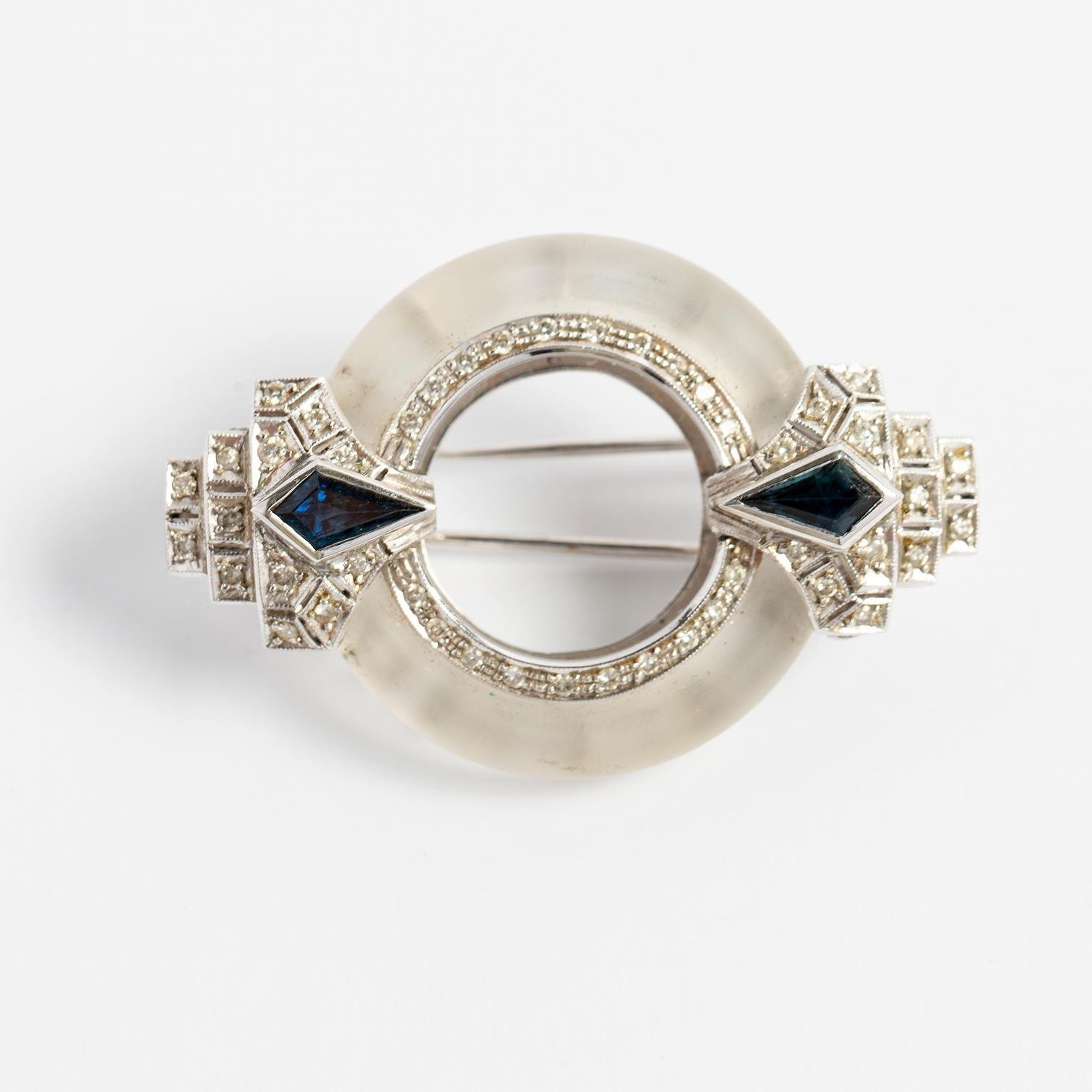 Prendedor art decó oro 18 K blanco, diamantes y zafiros - Imagen 2