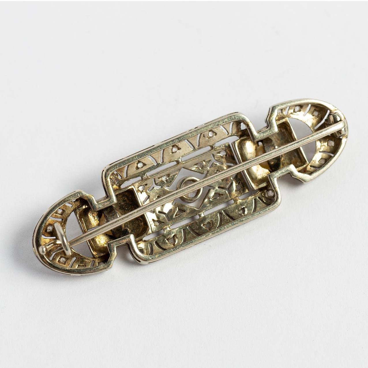 Prendedor art decó oro 18 K, brillante, diamantes y perlas - Imagen 2