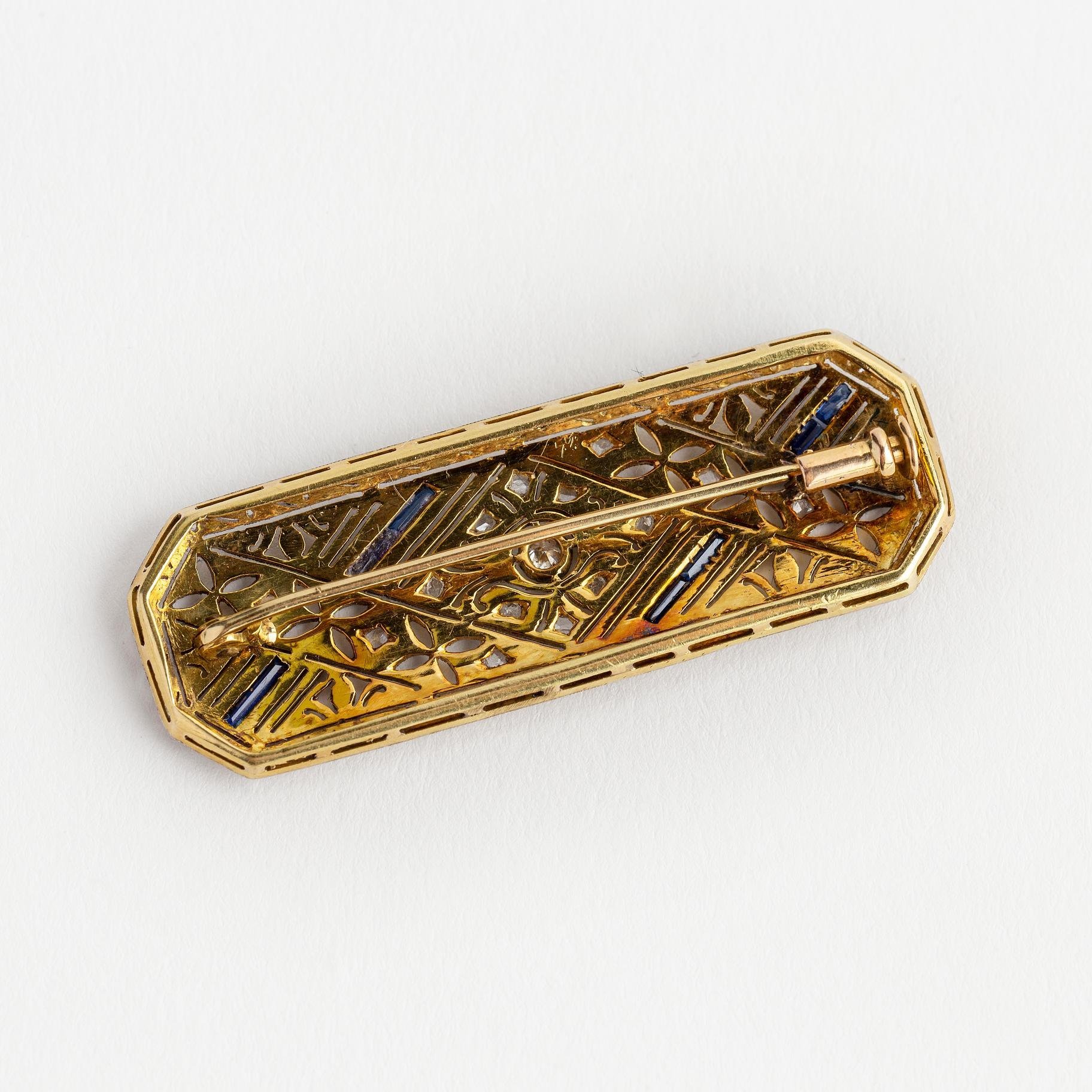 Plaqueta art decó oro 18 K, brillante, diamantes y zafiros - Imagen 2