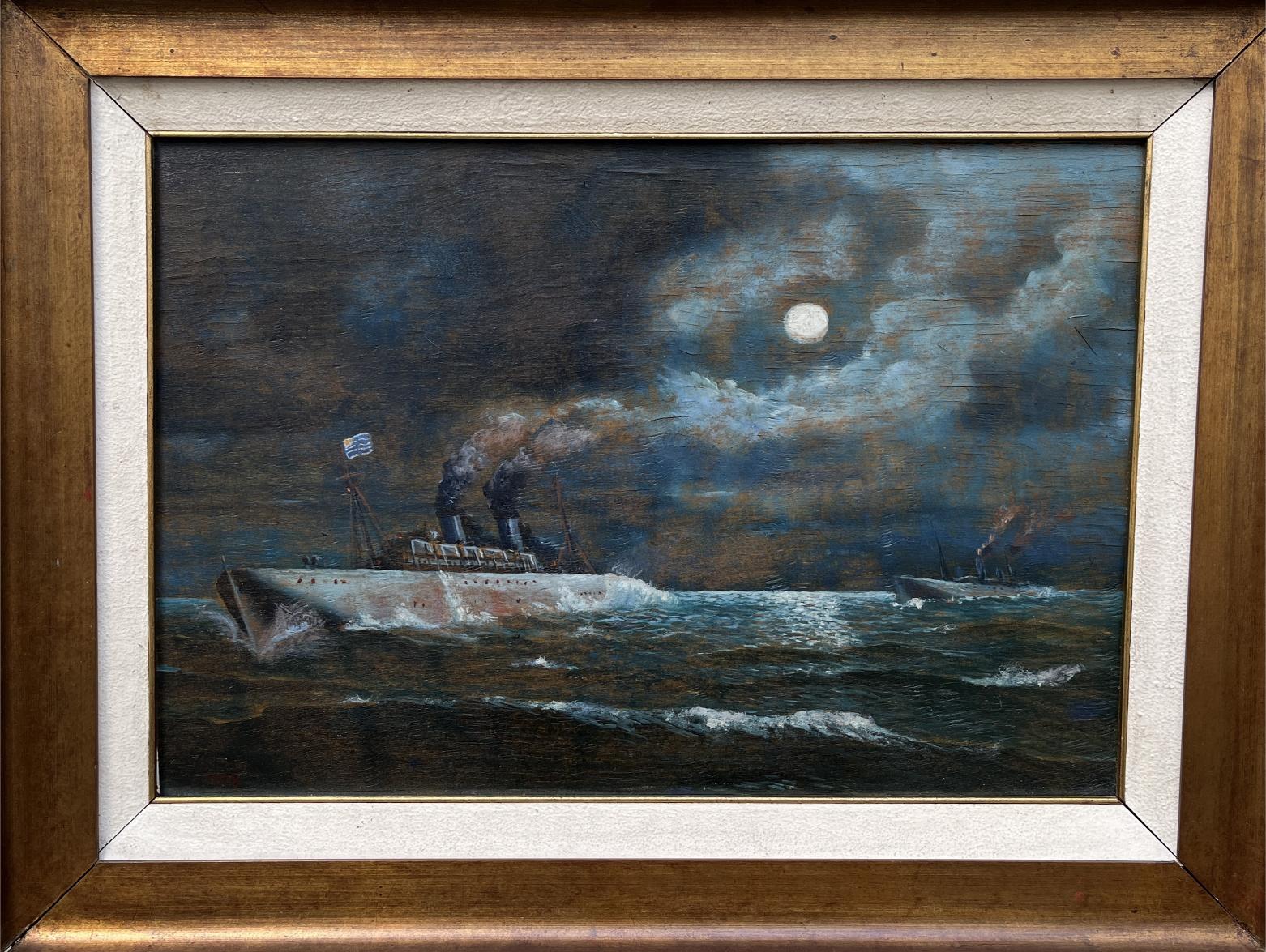 "Nocturno en el Río de la Plata con cruceros militares de bandera uruguaya"