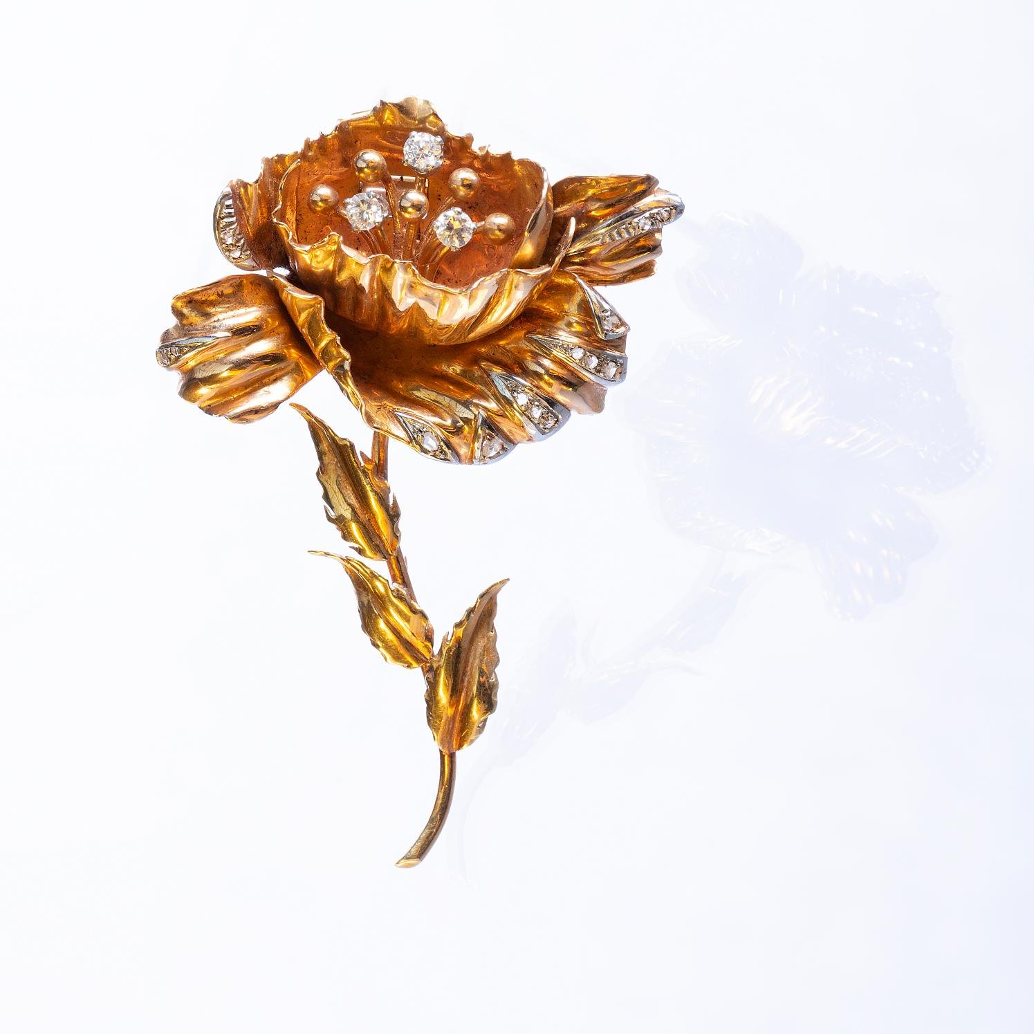 Prendedor oro 18 K amarillo y blanco, brillantes y diamantes