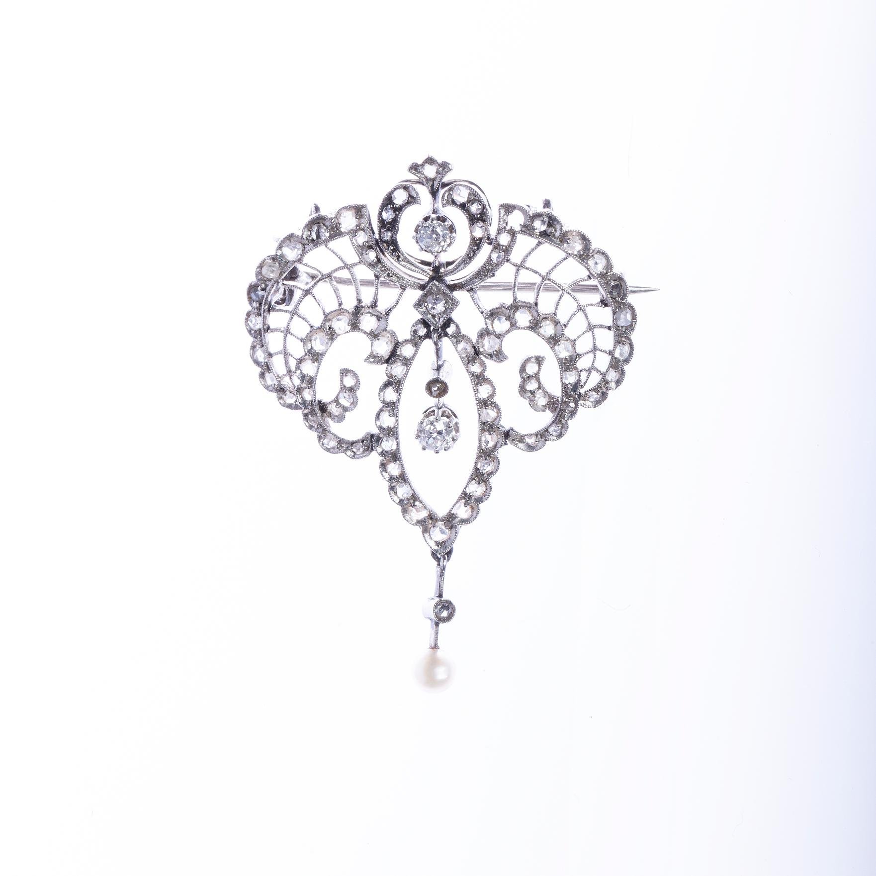 Prendedor art nouveau oro 18 K blanco, brillantes, diamantes y perla