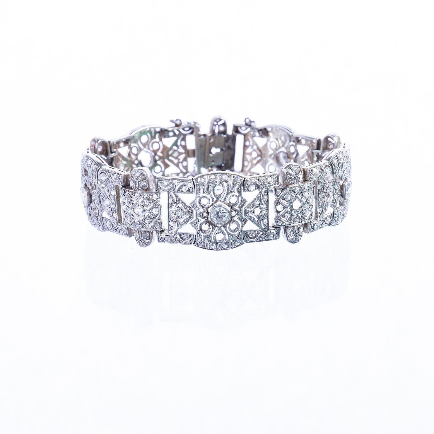 Pulsera art decó oro 18 K blanco, brillantes y diamantes - Imagen 2