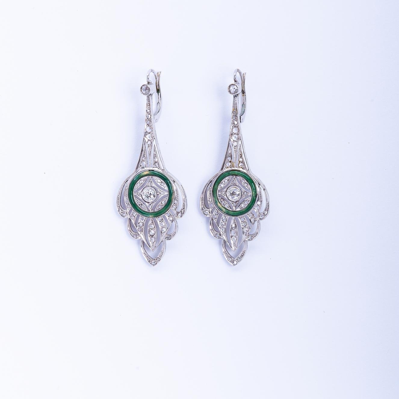 Caravanas art decó oro 18 K, brillante, diamantes y esmalte