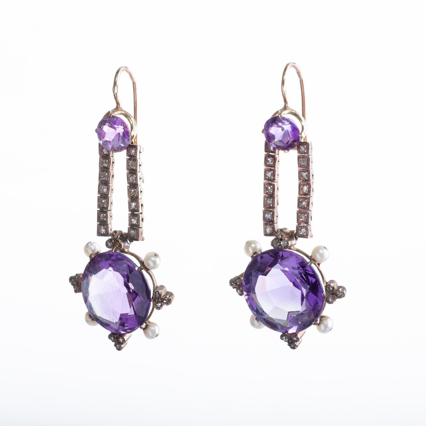 Caravanas s. XIX oro 18 K amarillo, amatista, perlas y diamantes - Imagen 3