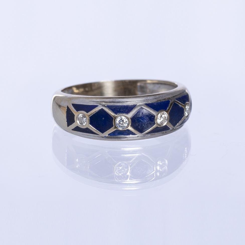 Anillo oro 18 K blanco, brillantes y esmalte