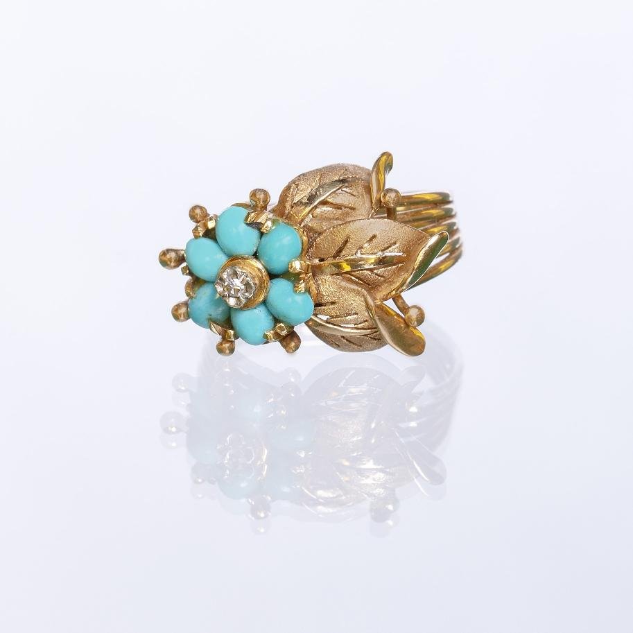 Anillo oro 18 K amarillo, brillante y turquesas