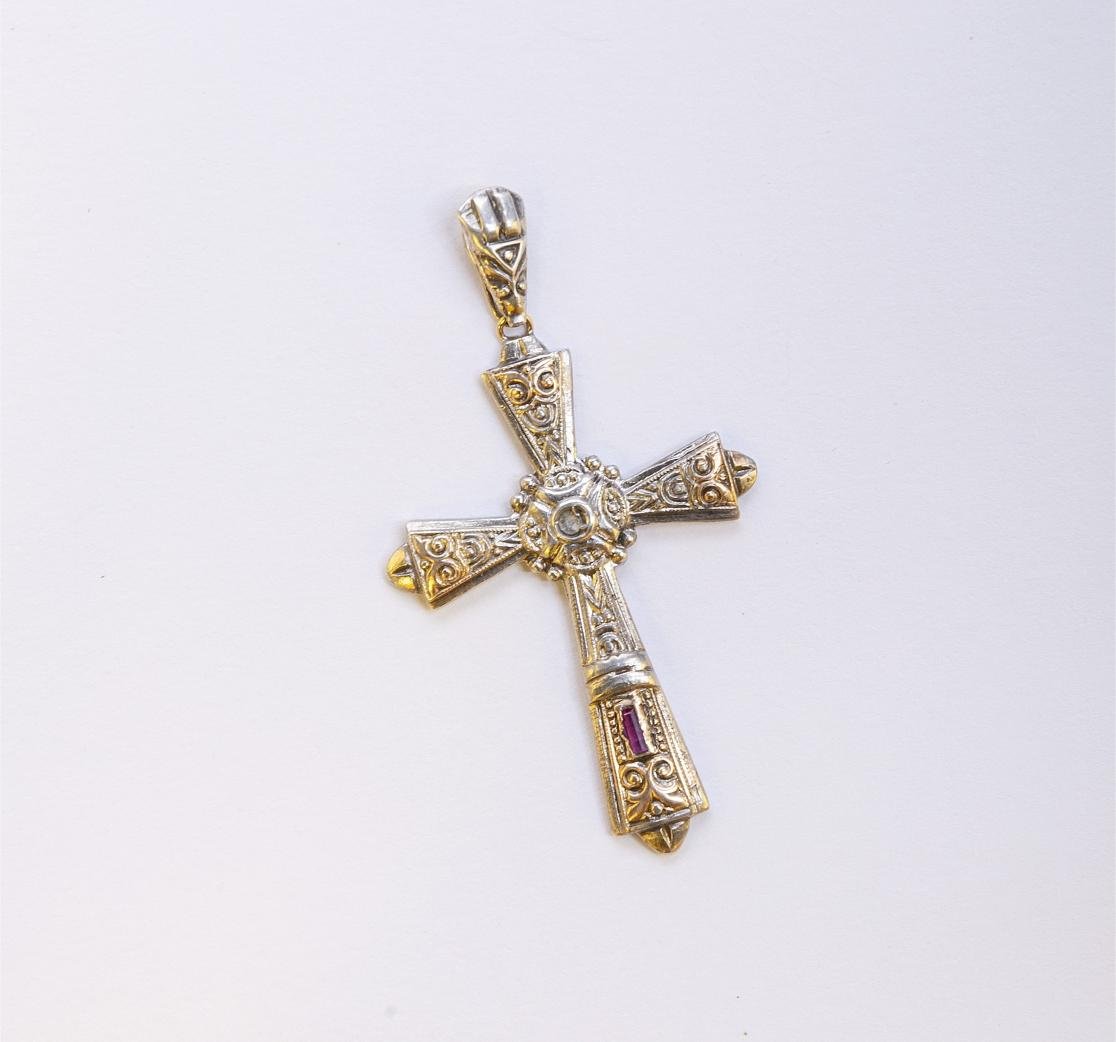 Cruz art decó oro 18 K blanco y amarillo, rubí y diamante