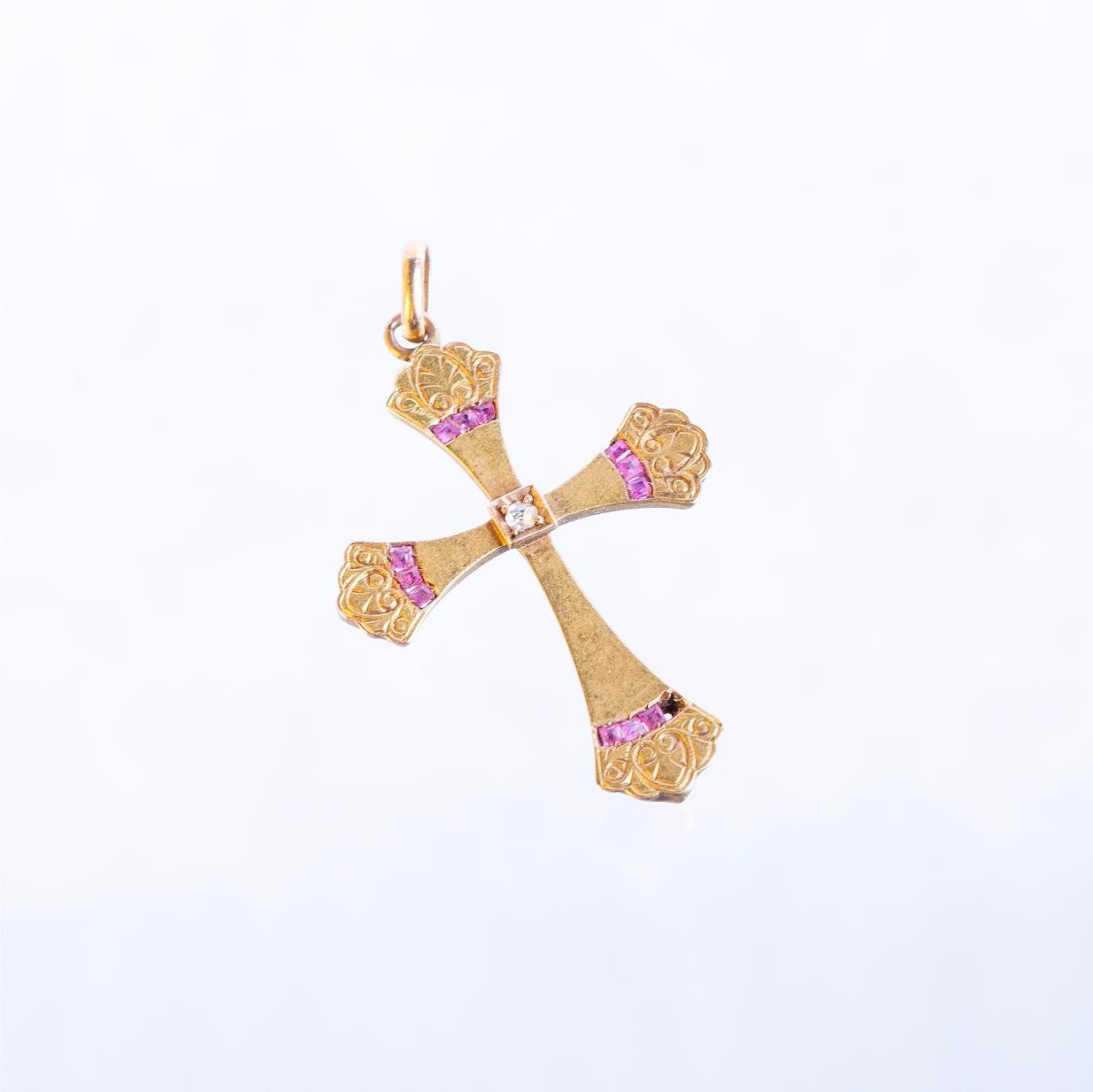 Cruz oro amarillo, brillante y rubíes