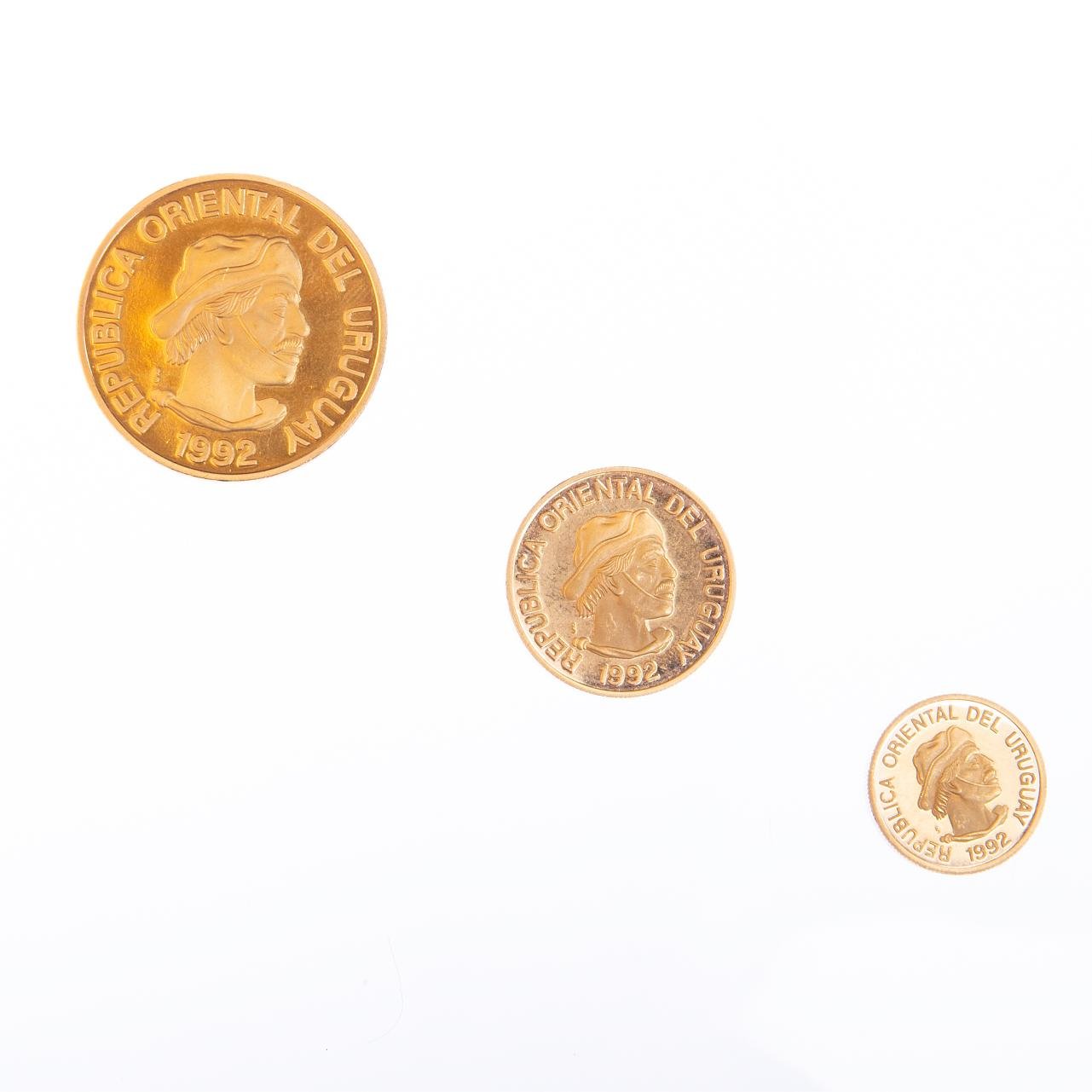 Set de 3 monedas oro Uruguay 1992 - Imagen 2